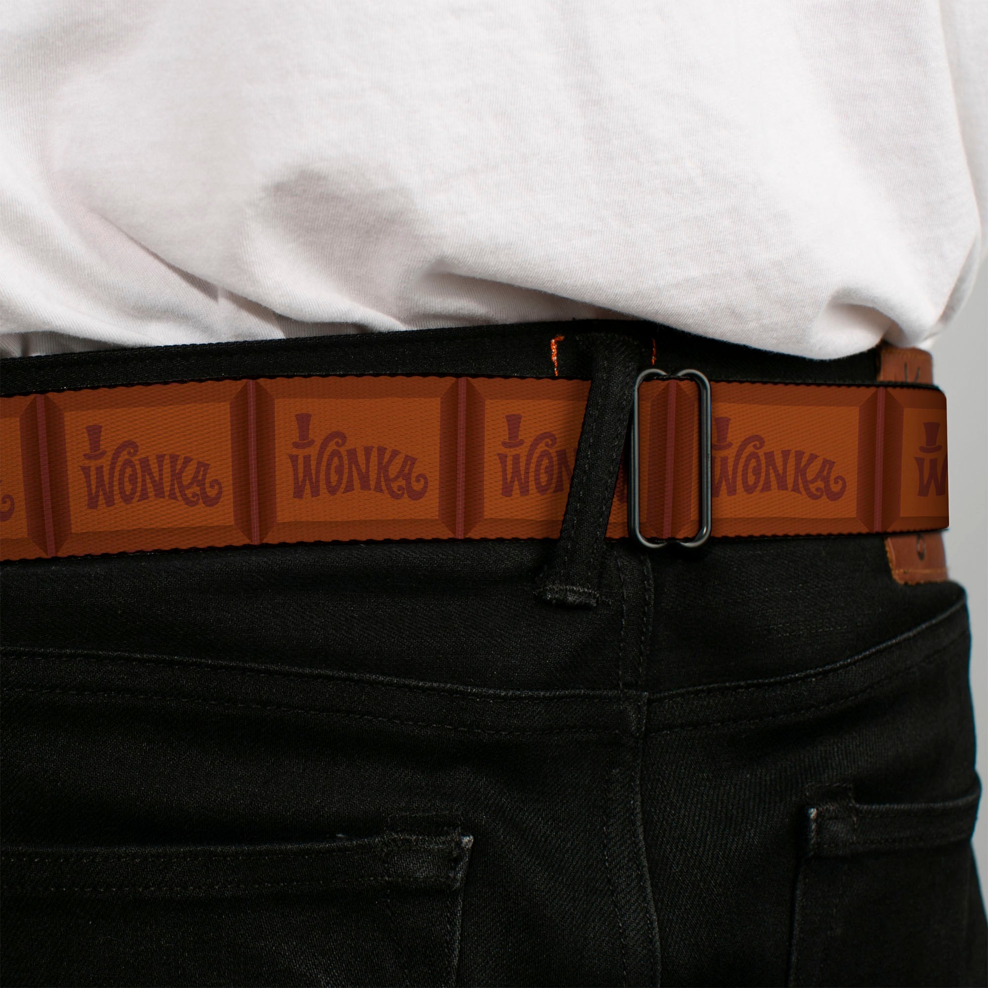 Willy Wonka and the Chocolate Factory WONKA BAR Logo Full Color Brown/Yellow/White Seatbelt Belt - Willy Wonka and the Chocolate Factory WONKA Chocolate Bar Browns Webbing Seatbelt Belts Willy Wonka and the Chocolate Factory