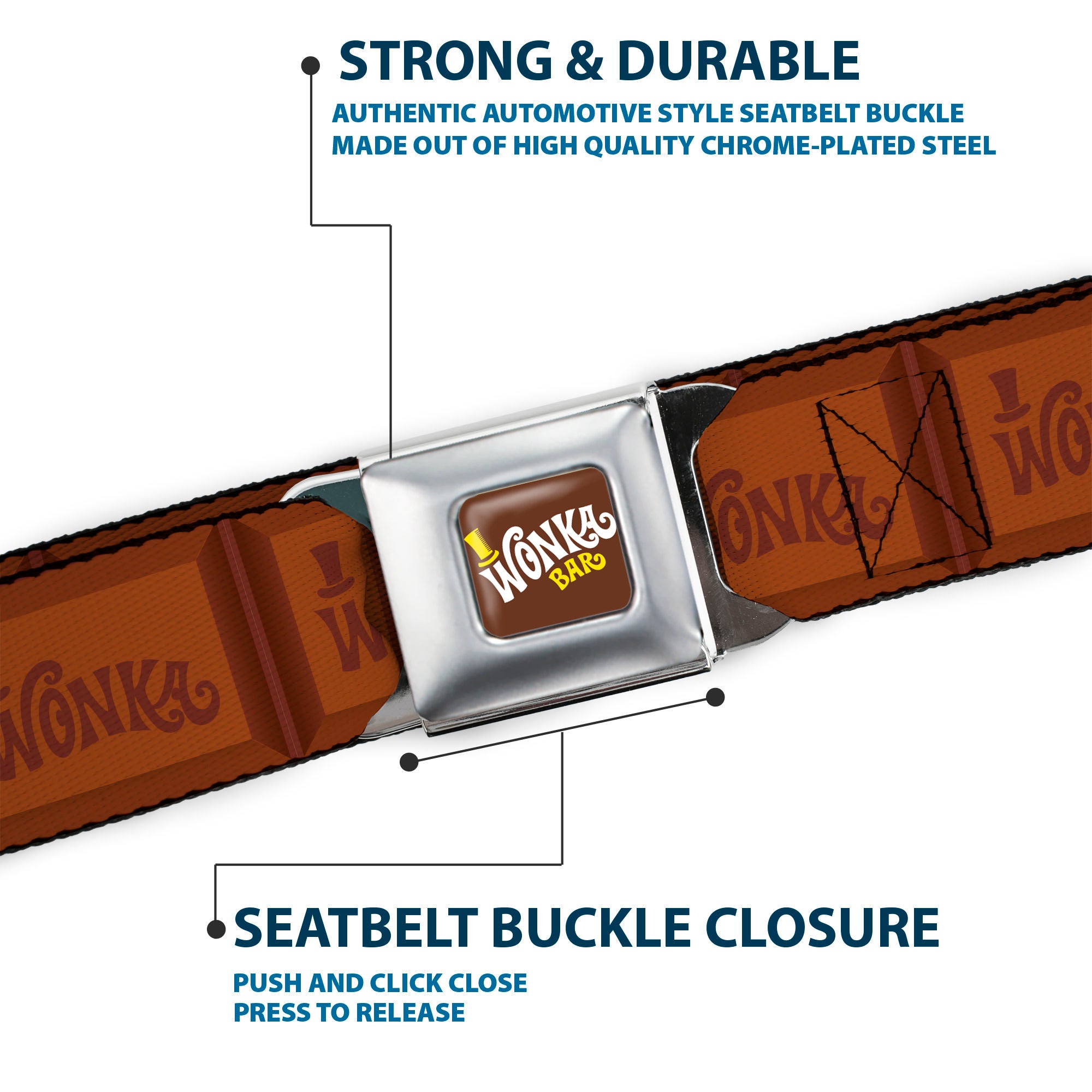 Willy Wonka and the Chocolate Factory WONKA BAR Logo Full Color Brown/Yellow/White Seatbelt Belt - Willy Wonka and the Chocolate Factory WONKA Chocolate Bar Browns Webbing Seatbelt Belts Willy Wonka and the Chocolate Factory