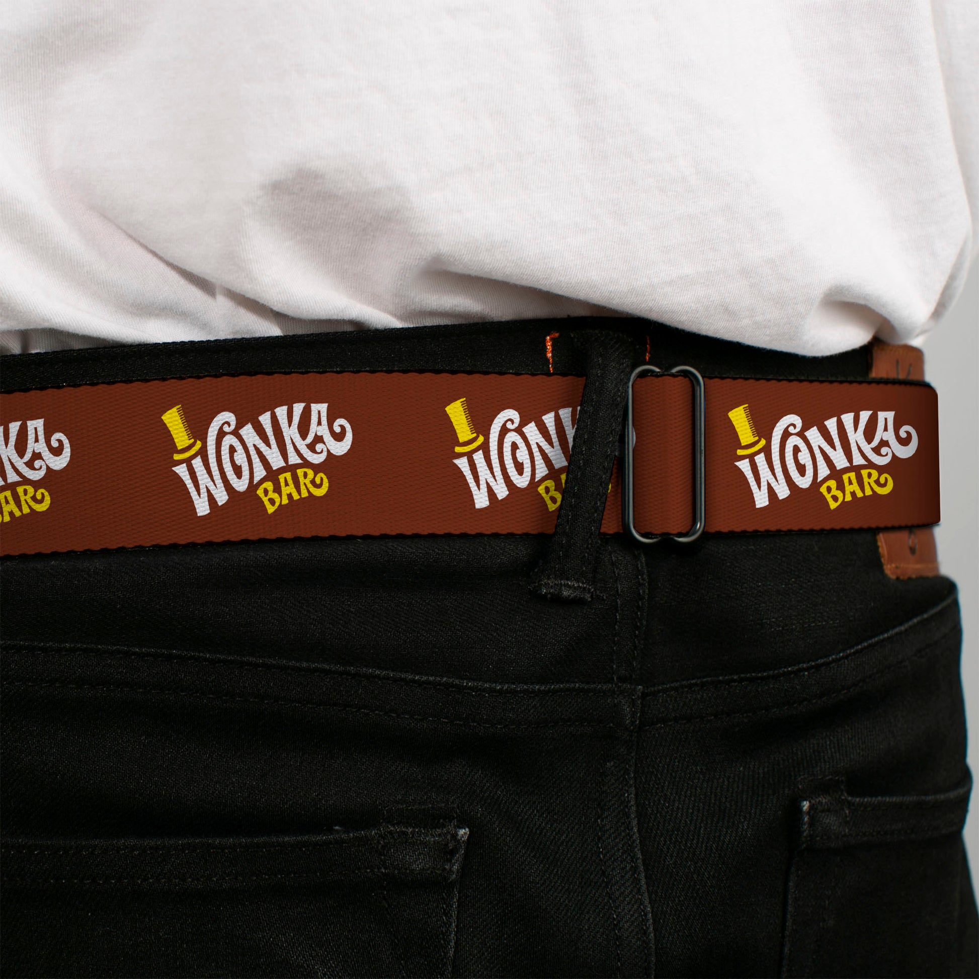 Willy Wonka and the Chocolate Factory WONKA BAR Logo Full Color Brown/Yellow/White Seatbelt Belt - Willy Wonka and the Chocolate Factory WONKA BAR Logo Brown/Yellow/White Webbing Seatbelt Belts Willy Wonka and the Chocolate Factory