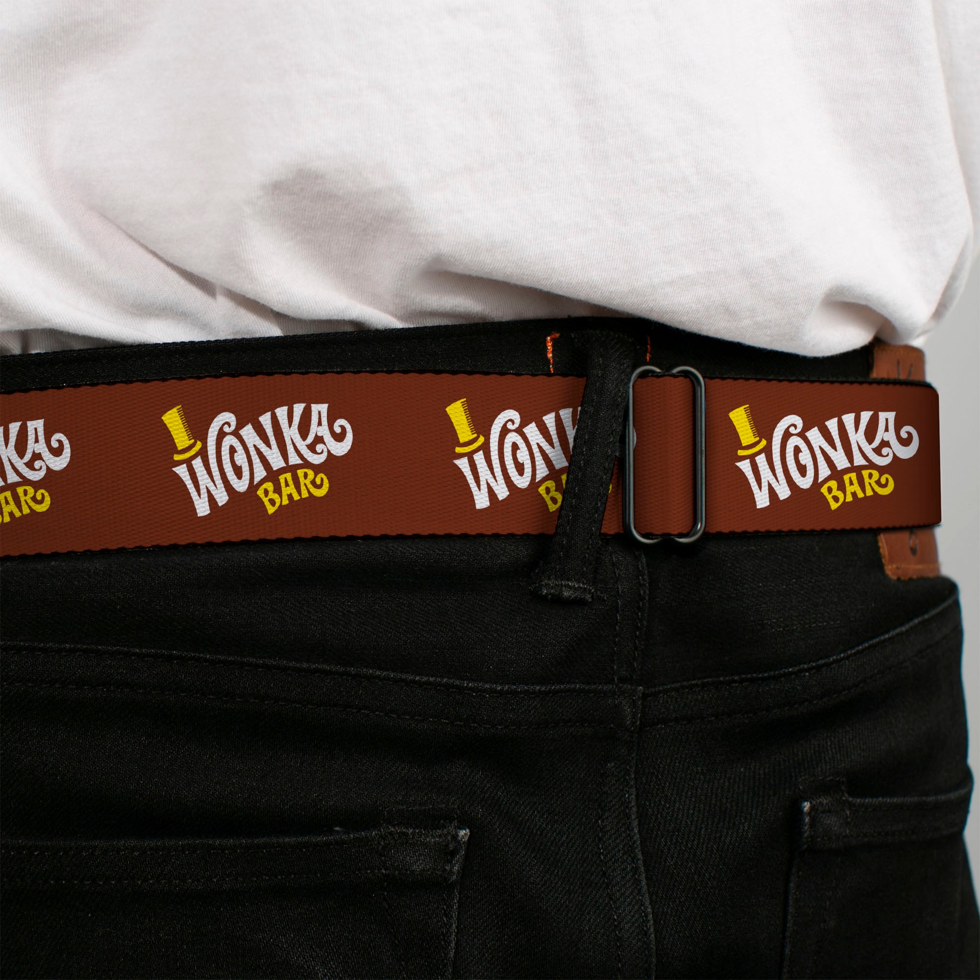 Willy Wonka and the Chocolate Factory WONKA BAR Logo Full Color Brown/Yellow/White Seatbelt Belt - Willy Wonka and the Chocolate Factory WONKA BAR Logo Brown/Yellow/White Webbing Seatbelt Belts Willy Wonka and the Chocolate Factory