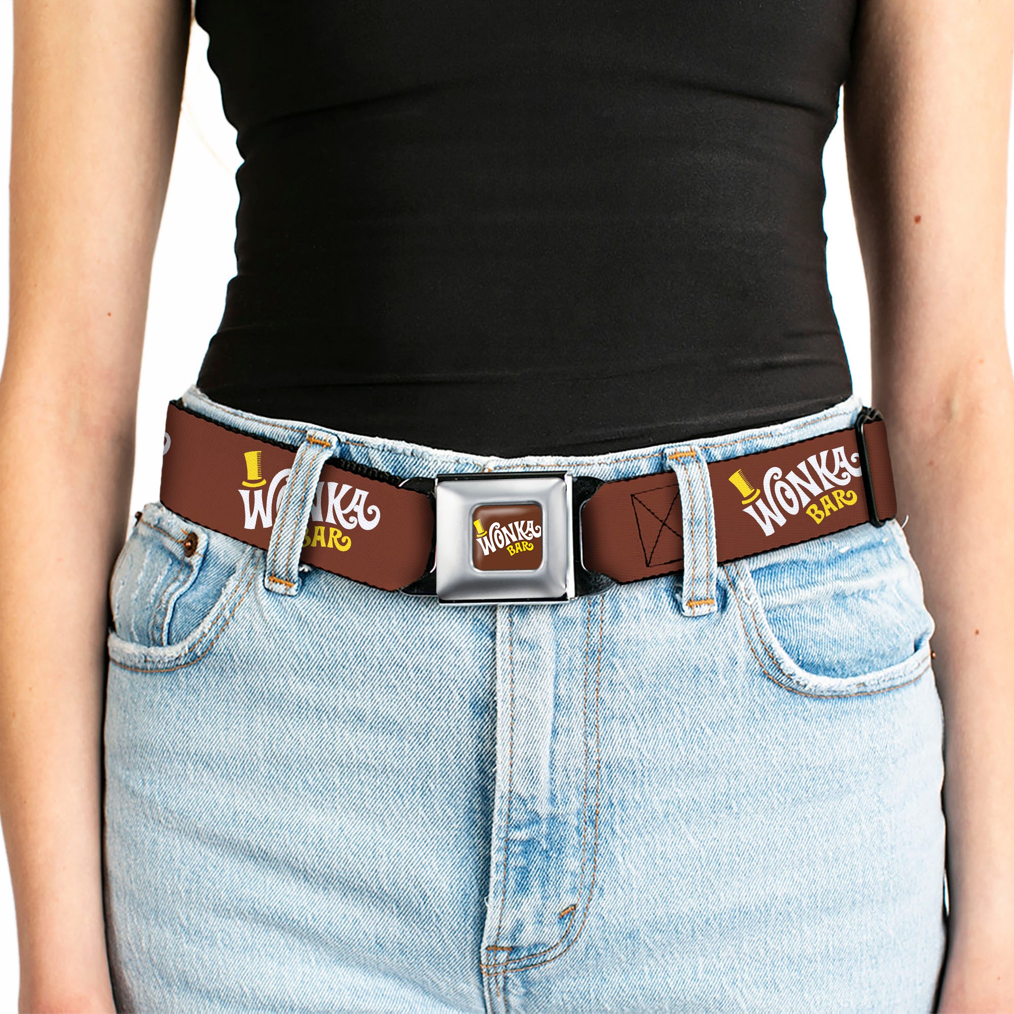 Willy Wonka and the Chocolate Factory WONKA BAR Logo Full Color Brown/Yellow/White Seatbelt Belt - Willy Wonka and the Chocolate Factory WONKA BAR Logo Brown/Yellow/White Webbing Seatbelt Belts Willy Wonka and the Chocolate Factory