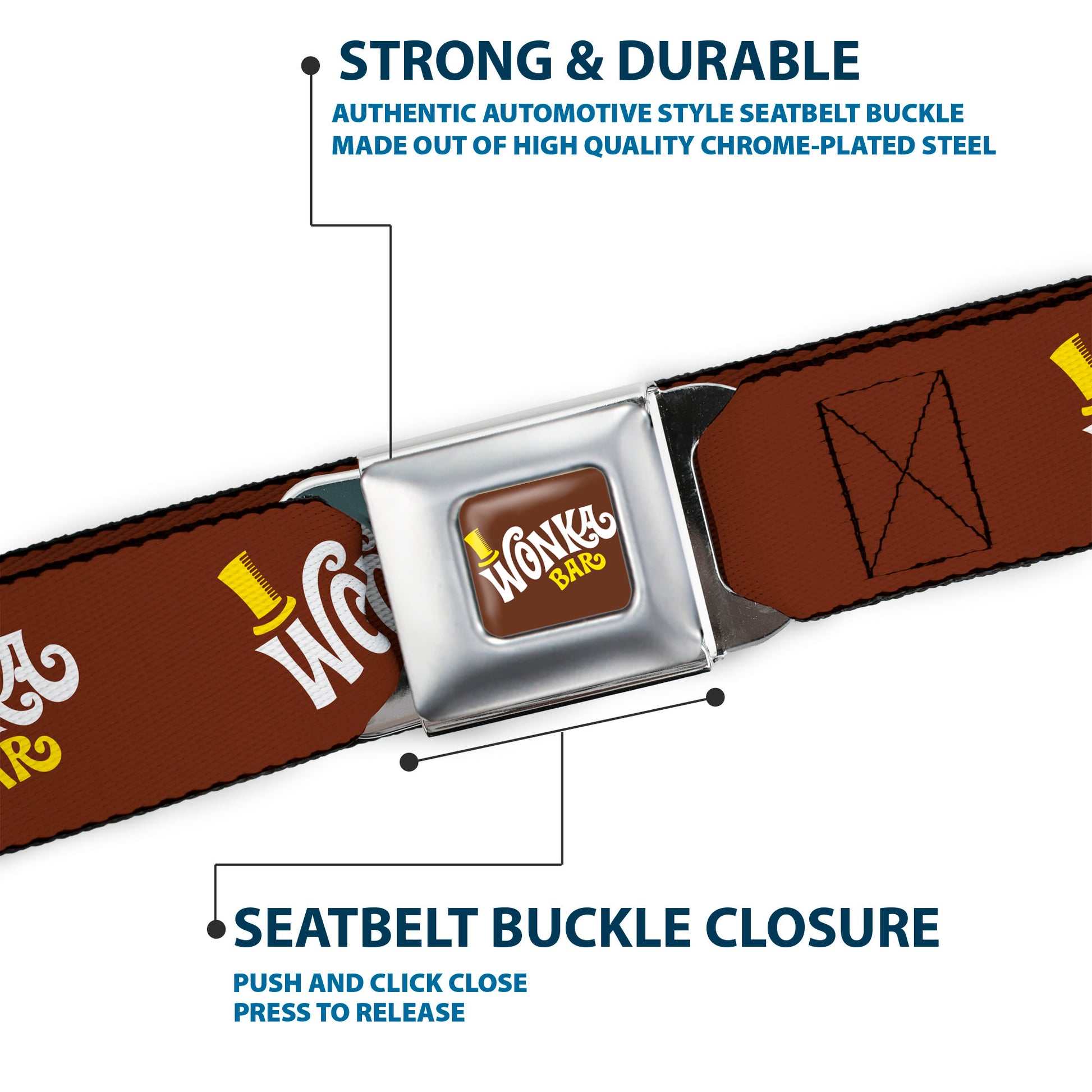 Willy Wonka and the Chocolate Factory WONKA BAR Logo Full Color Brown/Yellow/White Seatbelt Belt - Willy Wonka and the Chocolate Factory WONKA BAR Logo Brown/Yellow/White Webbing Seatbelt Belts Willy Wonka and the Chocolate Factory