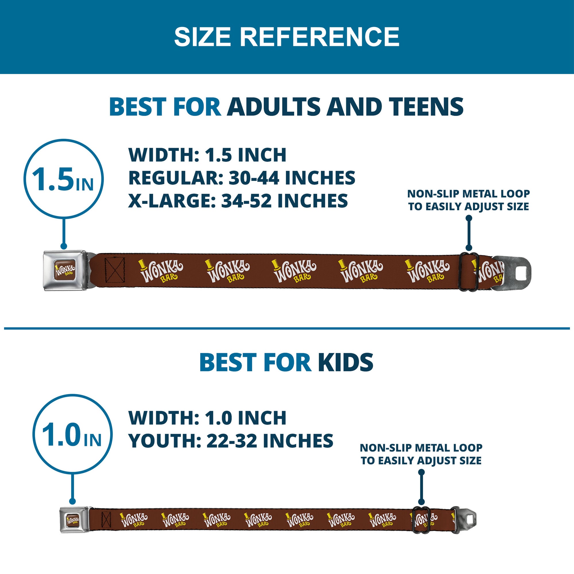 Willy Wonka and the Chocolate Factory WONKA BAR Logo Full Color Brown/Yellow/White Seatbelt Belt - Willy Wonka and the Chocolate Factory WONKA BAR Logo Brown/Yellow/White Webbing Seatbelt Belts Willy Wonka and the Chocolate Factory