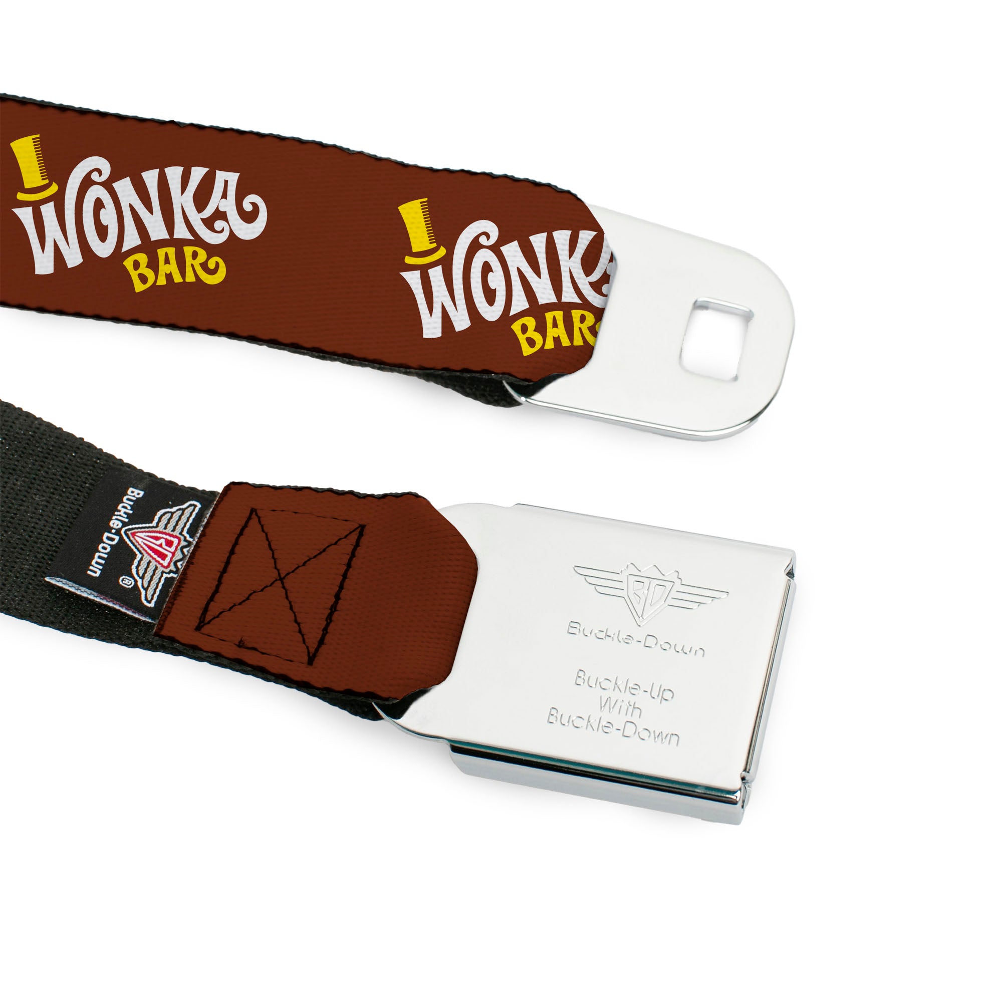 Willy Wonka and the Chocolate Factory WONKA BAR Logo Full Color Brown/Yellow/White Seatbelt Belt - Willy Wonka and the Chocolate Factory WONKA BAR Logo Brown/Yellow/White Webbing Seatbelt Belts Willy Wonka and the Chocolate Factory