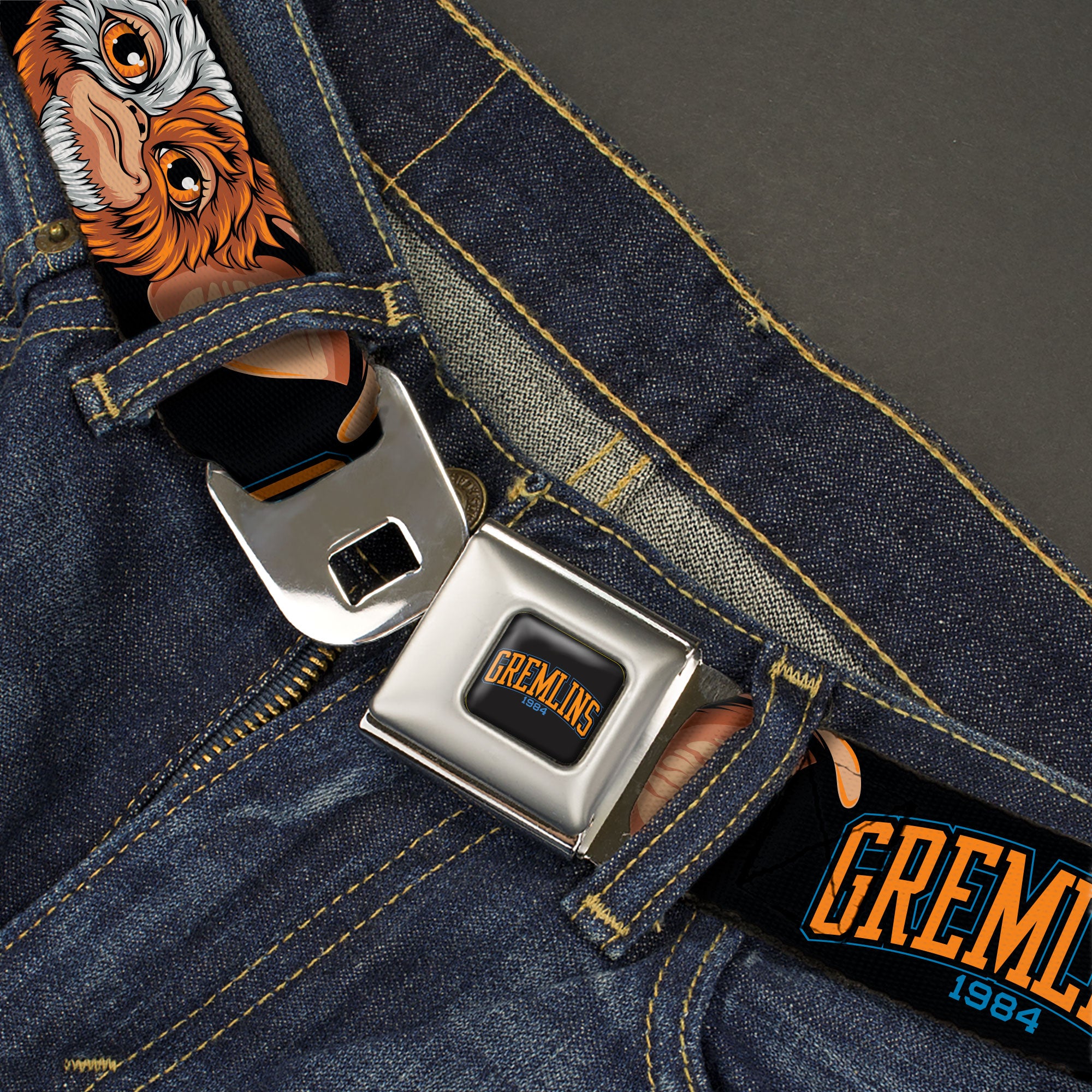GREMLINS 1984 Title Logo Full Color Black/Blue/Orange Seatbelt Belt - GREMLINS 1984 Gizmo Face Close-Up Black Webbing Seatbelt Belts Gremlins