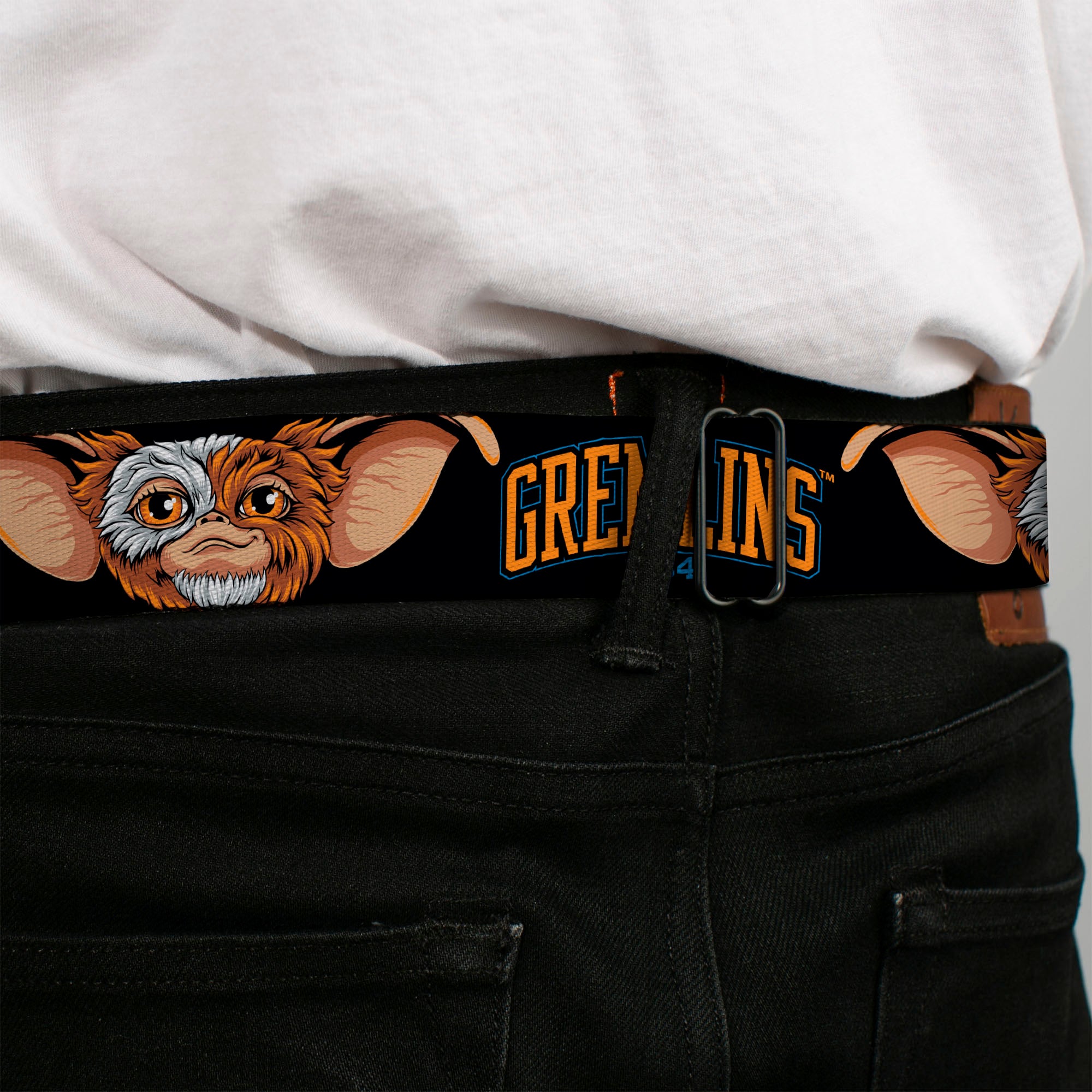 GREMLINS 1984 Title Logo Full Color Black/Blue/Orange Seatbelt Belt - GREMLINS 1984 Gizmo Face Close-Up Black Webbing Seatbelt Belts Gremlins