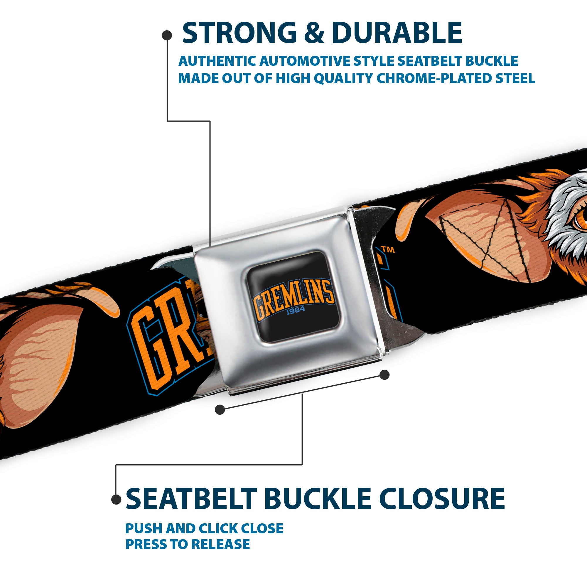 GREMLINS 1984 Title Logo Full Color Black/Blue/Orange Seatbelt Belt - GREMLINS 1984 Gizmo Face Close-Up Black Webbing Seatbelt Belts Gremlins