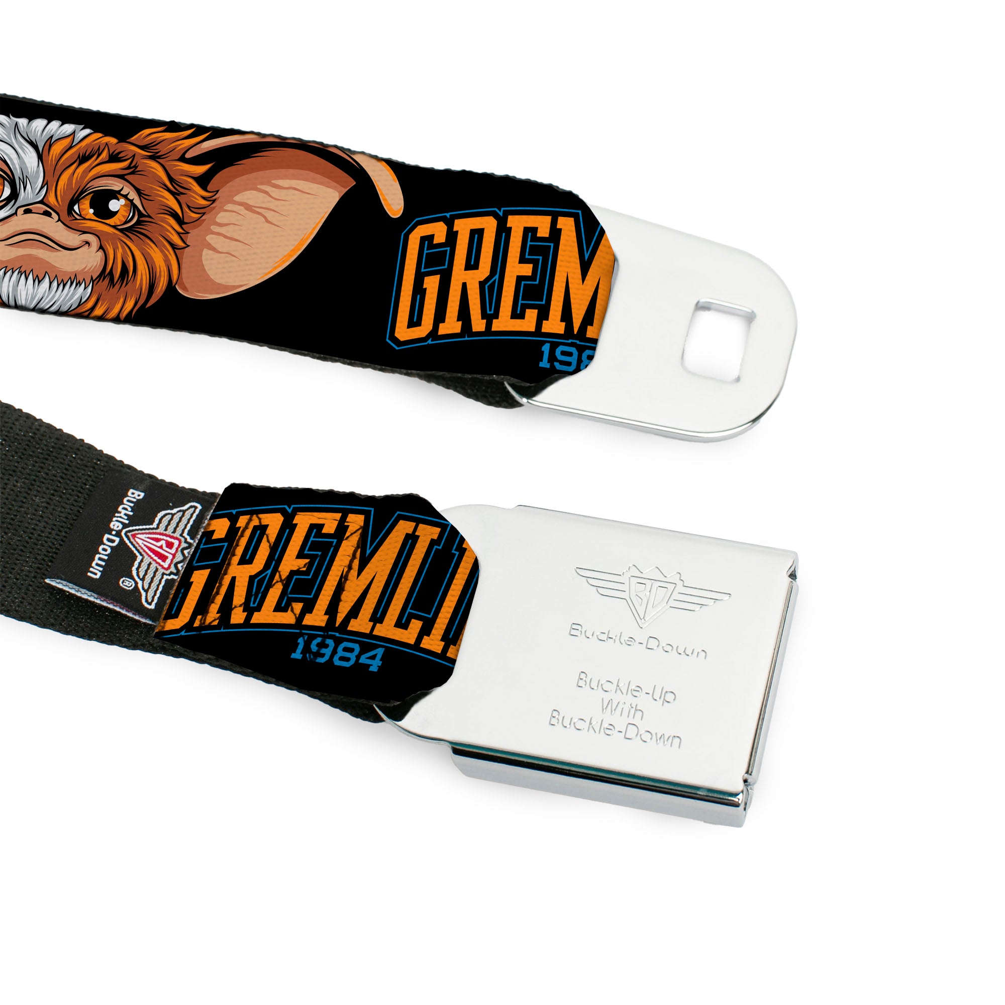 GREMLINS 1984 Title Logo Full Color Black/Blue/Orange Seatbelt Belt - GREMLINS 1984 Gizmo Face Close-Up Black Webbing Seatbelt Belts Gremlins
