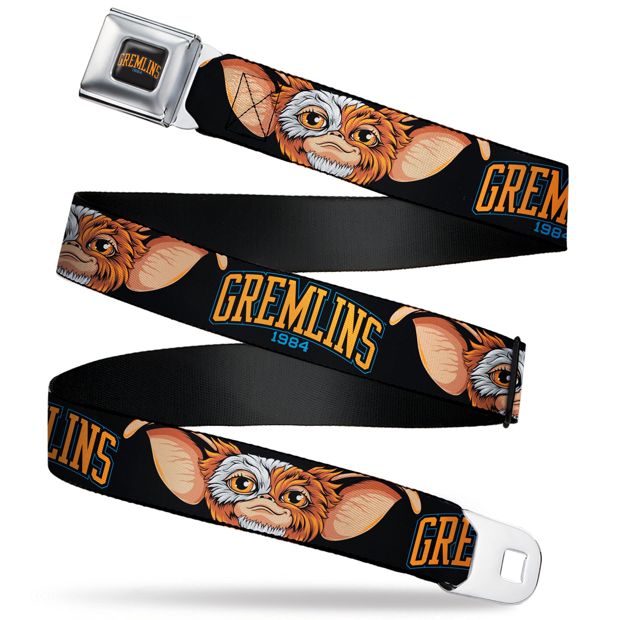 GREMLINS 1984 Title Logo Full Color Black/Blue/Orange Seatbelt Belt - GREMLINS 1984 Gizmo Face Close-Up Black Webbing Seatbelt Belts Gremlins