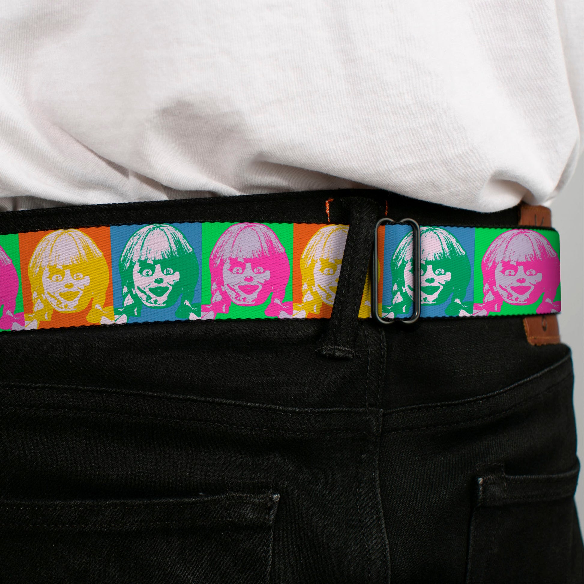 Annabelle Pop Art Face Full Color Yellow/Pink/Blue Seatbelt Belt - Annabelle Doll Face Pop Art Color Block Multi Color Webbing Seatbelt Belts Annabelle