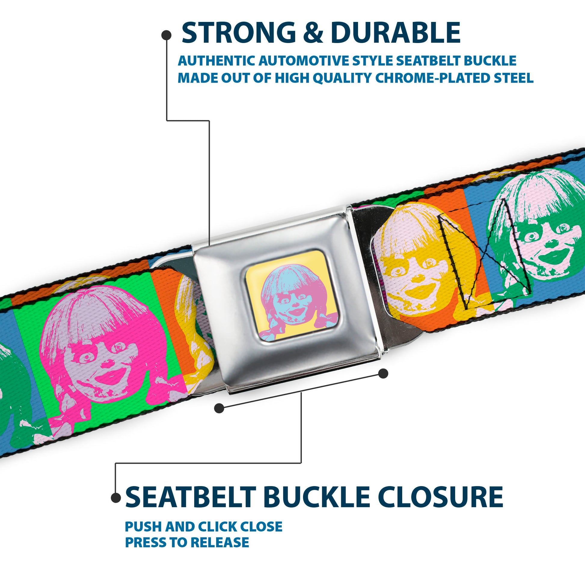 Annabelle Pop Art Face Full Color Yellow/Pink/Blue Seatbelt Belt - Annabelle Doll Face Pop Art Color Block Multi Color Webbing Seatbelt Belts Annabelle