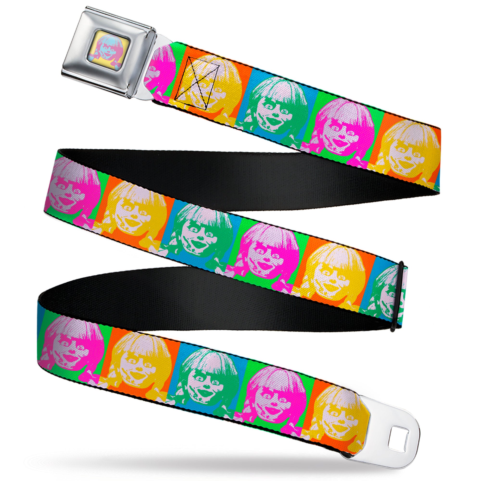 Annabelle Pop Art Face Full Color Yellow/Pink/Blue Seatbelt Belt - Annabelle Doll Face Pop Art Color Block Multi Color Webbing Seatbelt Belts Annabelle