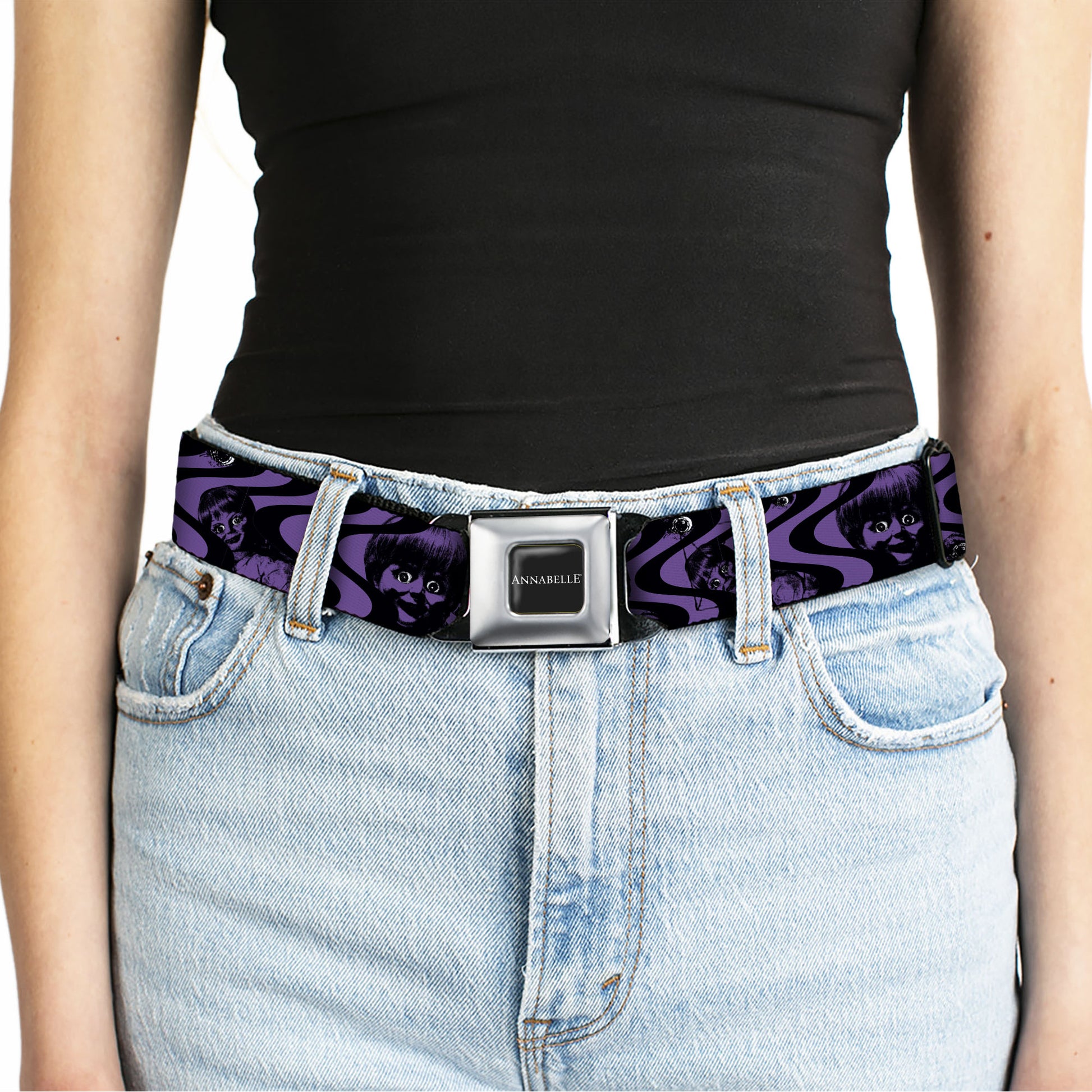 ANNABELLE Title Logo Full Color Black/White Seatbelt Belt - Annabelle Face and Eyeballs Squiggle Black/Purple Webbing Seatbelt Belts Annabelle