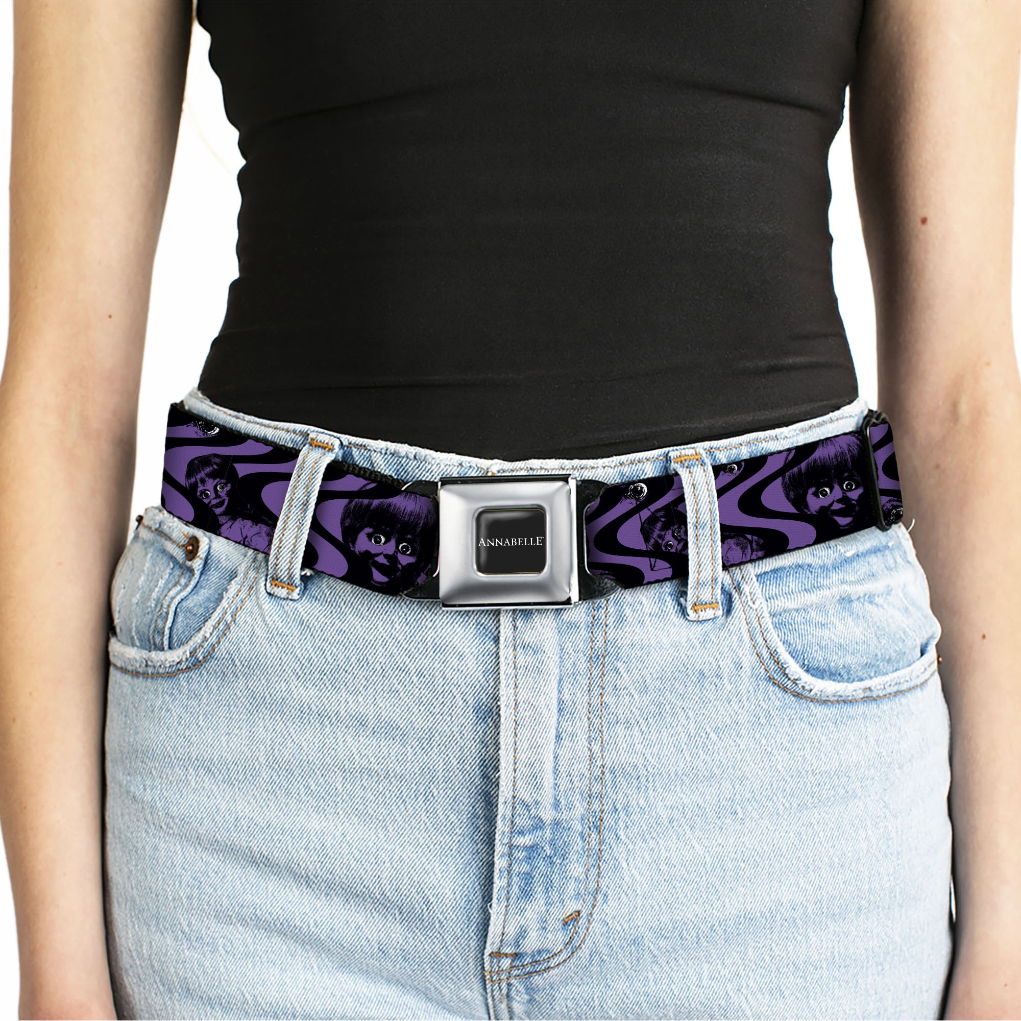 ANNABELLE Title Logo Full Color Black/White Seatbelt Belt - Annabelle Face and Eyeballs Squiggle Black/Purple Webbing Seatbelt Belts Annabelle