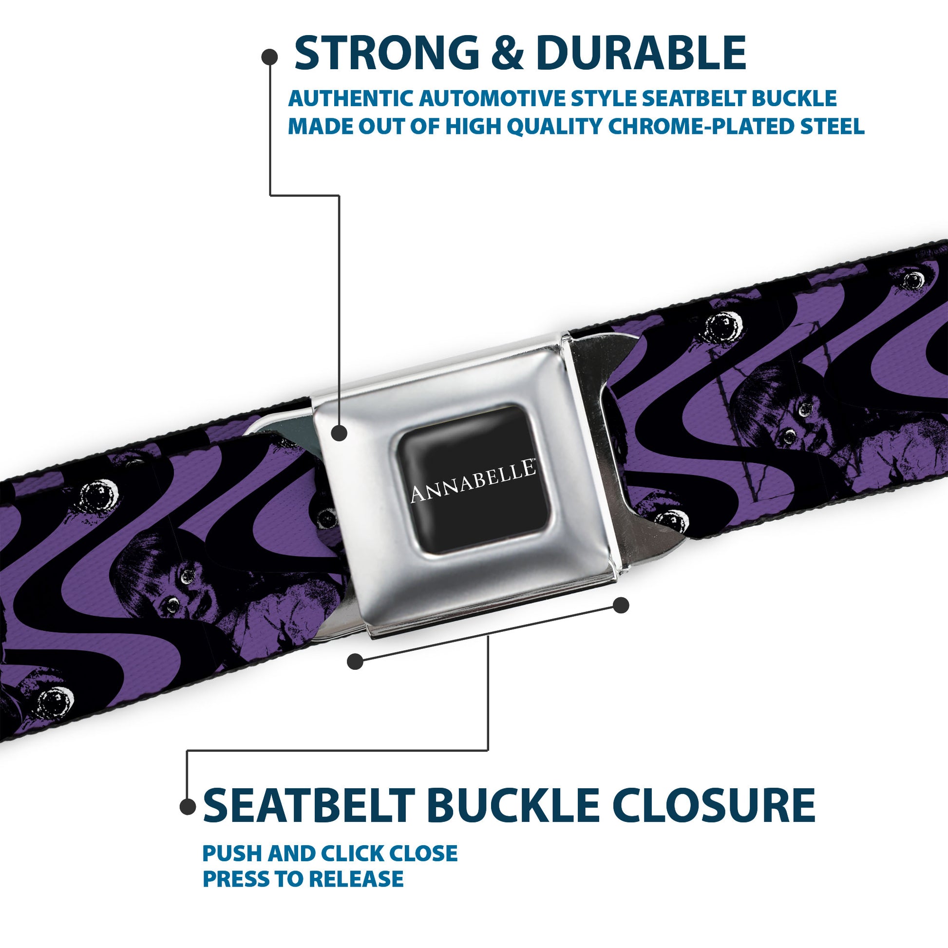 ANNABELLE Title Logo Full Color Black/White Seatbelt Belt - Annabelle Face and Eyeballs Squiggle Black/Purple Webbing Seatbelt Belts Annabelle