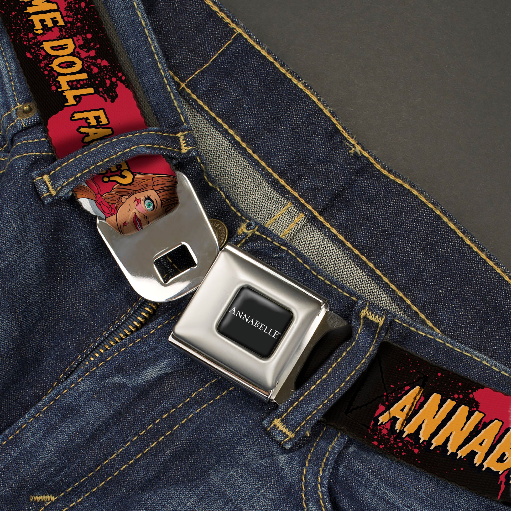 ANNABELLE Title Logo Full Color Black/White Seatbelt Belt - ANNABELLE MISS ME DOLL FACE Pose Black/Reds Webbing Seatbelt Belts Annabelle