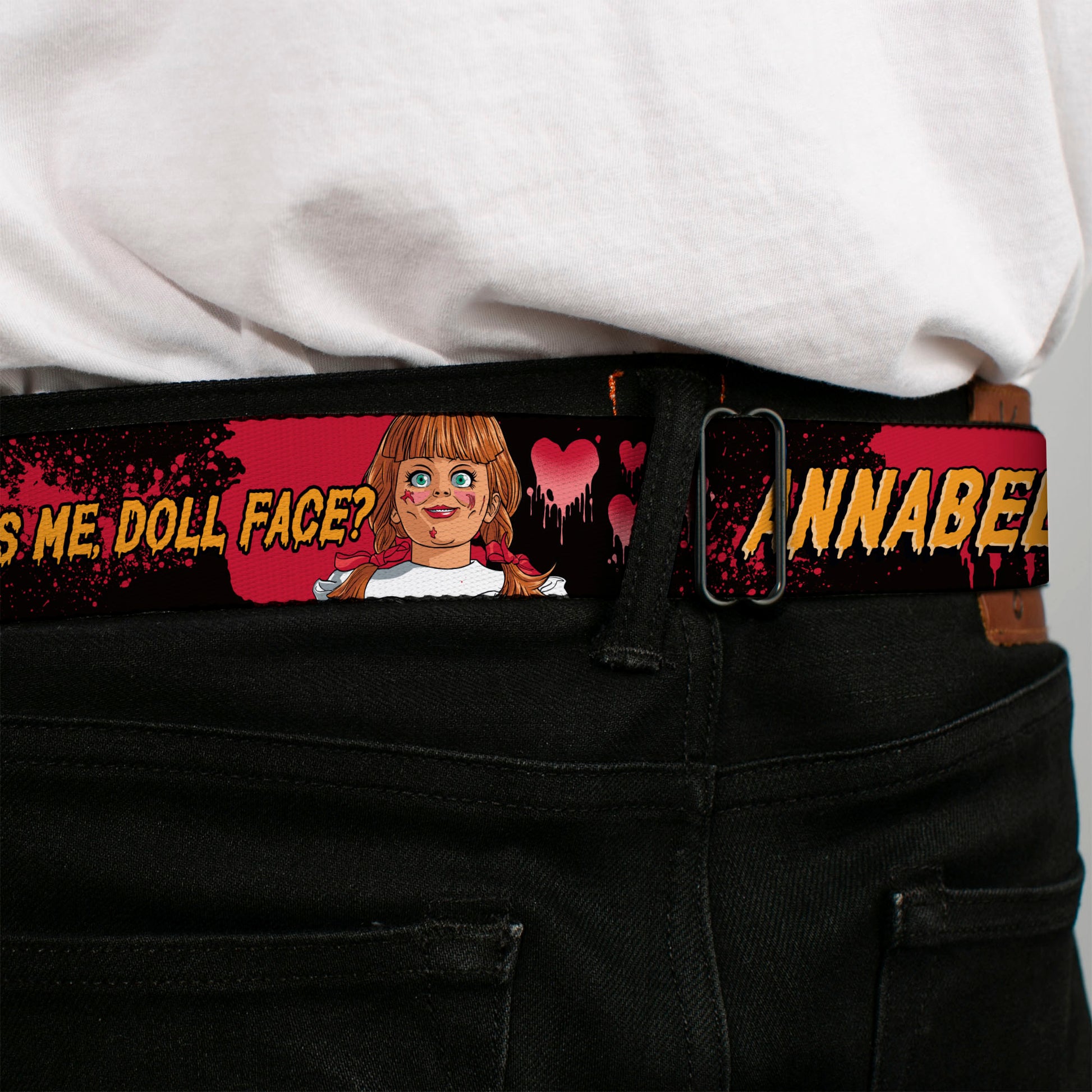 ANNABELLE Title Logo Full Color Black/White Seatbelt Belt - ANNABELLE MISS ME DOLL FACE Pose Black/Reds Webbing Seatbelt Belts Annabelle