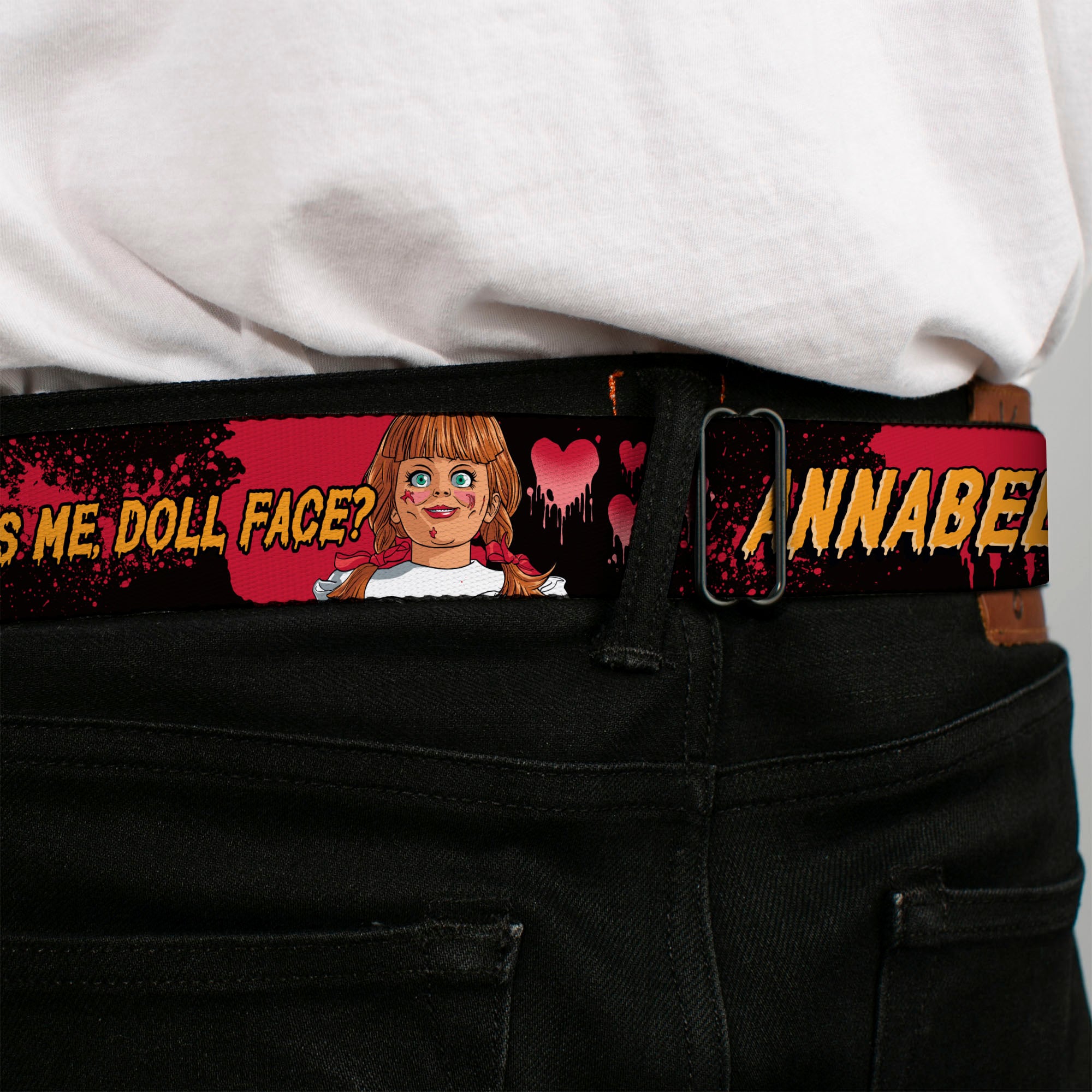 ANNABELLE Title Logo Full Color Black/White Seatbelt Belt - ANNABELLE MISS ME DOLL FACE Pose Black/Reds Webbing Seatbelt Belts Annabelle