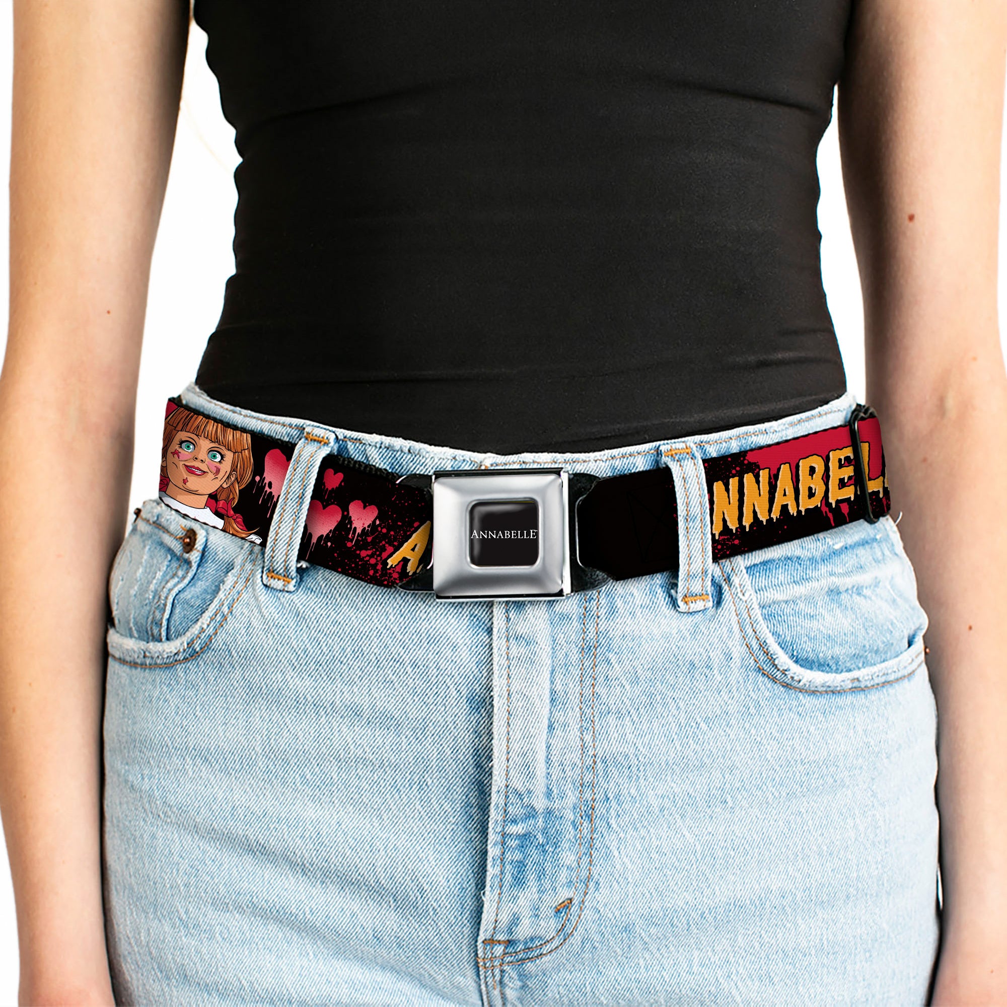 ANNABELLE Title Logo Full Color Black/White Seatbelt Belt - ANNABELLE MISS ME DOLL FACE Pose Black/Reds Webbing Seatbelt Belts Annabelle