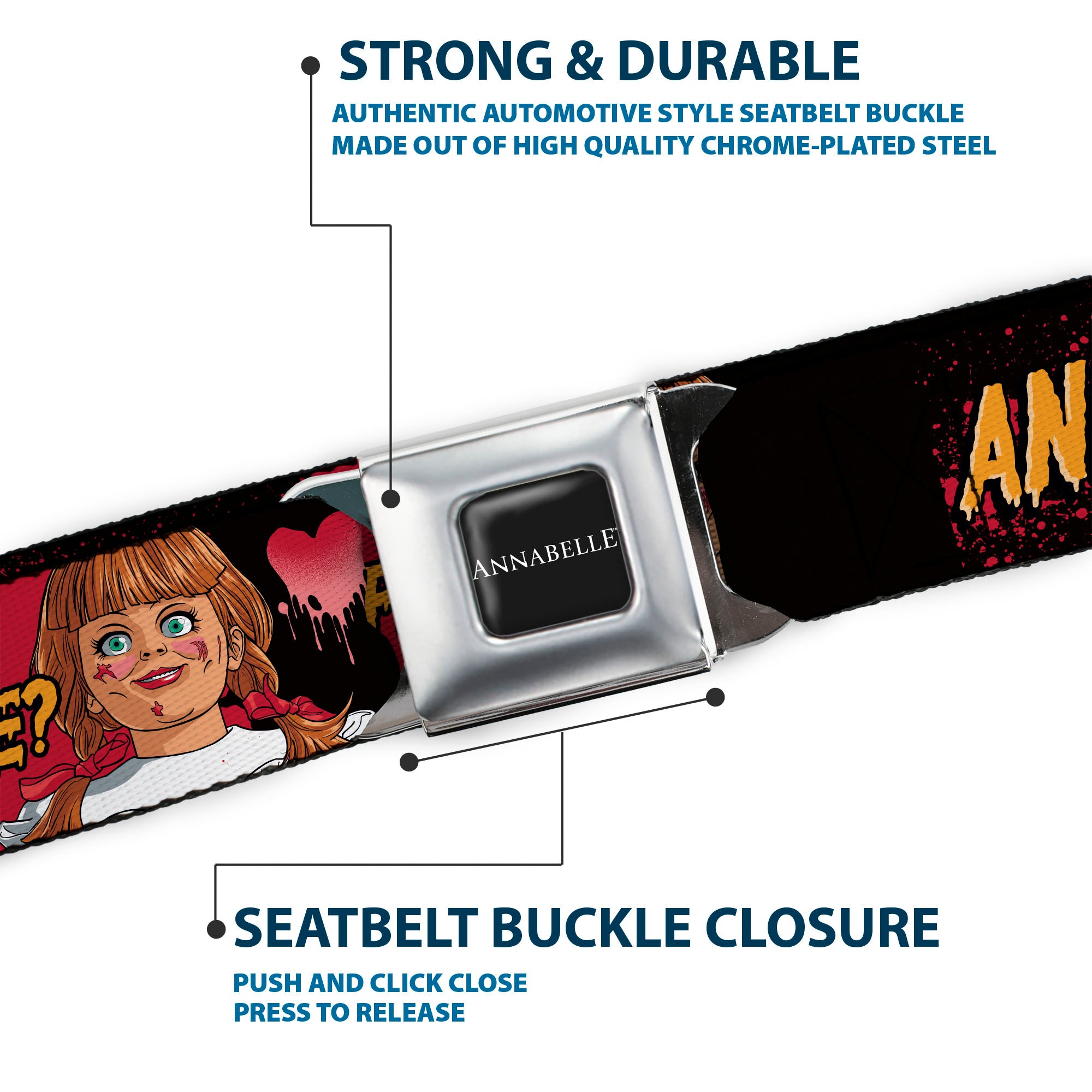 ANNABELLE Title Logo Full Color Black/White Seatbelt Belt - ANNABELLE MISS ME DOLL FACE Pose Black/Reds Webbing Seatbelt Belts Annabelle