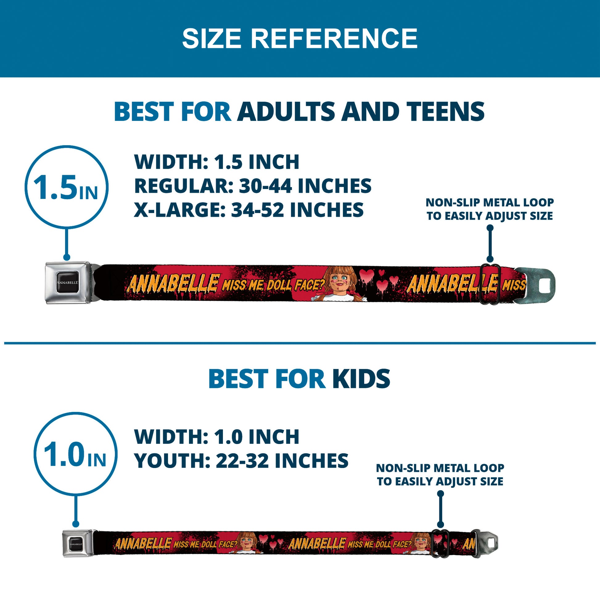 ANNABELLE Title Logo Full Color Black/White Seatbelt Belt - ANNABELLE MISS ME DOLL FACE Pose Black/Reds Webbing Seatbelt Belts Annabelle