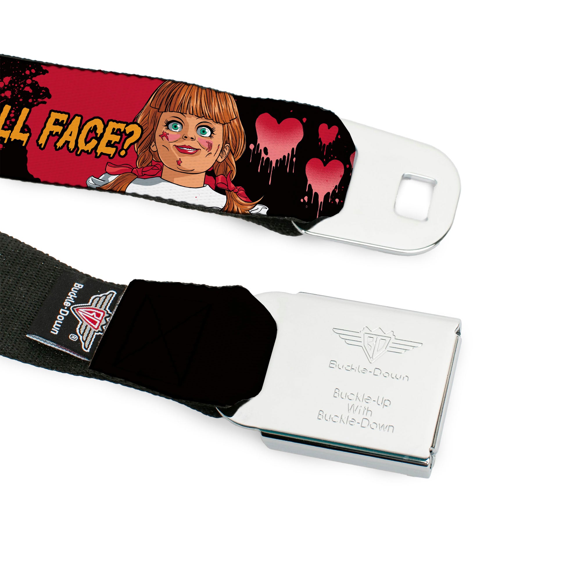 ANNABELLE Title Logo Full Color Black/White Seatbelt Belt - ANNABELLE MISS ME DOLL FACE Pose Black/Reds Webbing Seatbelt Belts Annabelle