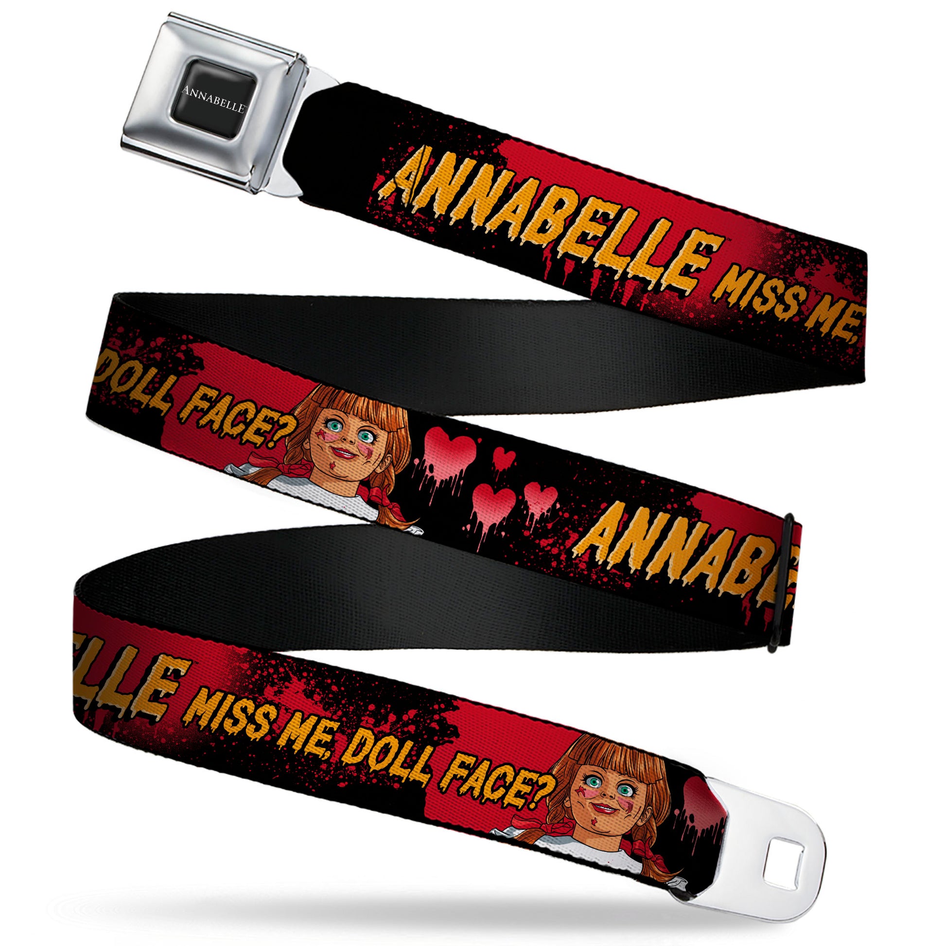 ANNABELLE Title Logo Full Color Black/White Seatbelt Belt - ANNABELLE MISS ME DOLL FACE Pose Black/Reds Webbing Seatbelt Belts Annabelle