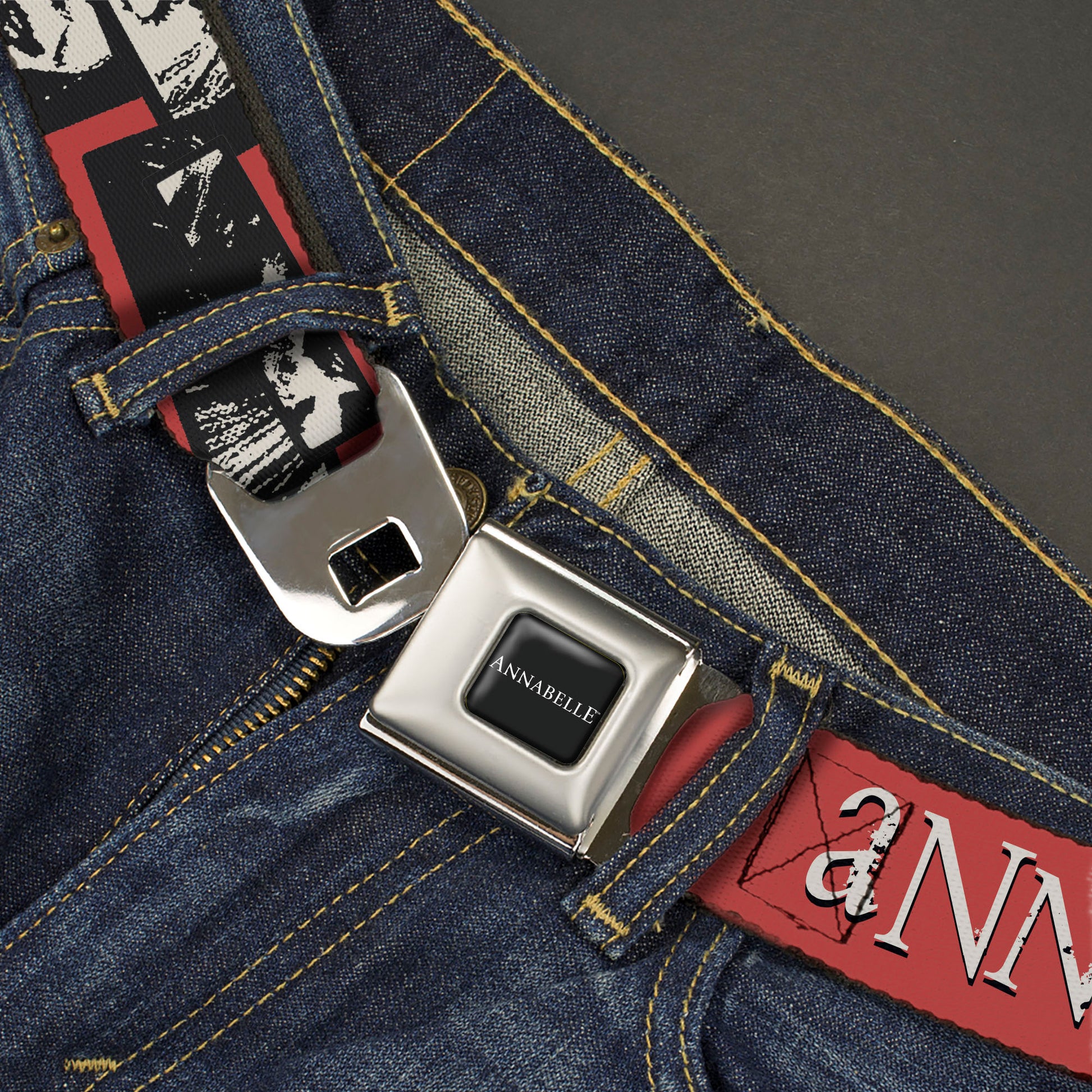 ANNABELLE Title Logo Full Color Black/White Seatbelt Belt - ANNABELLE MISS ME Eyes and Text Red/Black/White Webbing Seatbelt Belts Annabelle