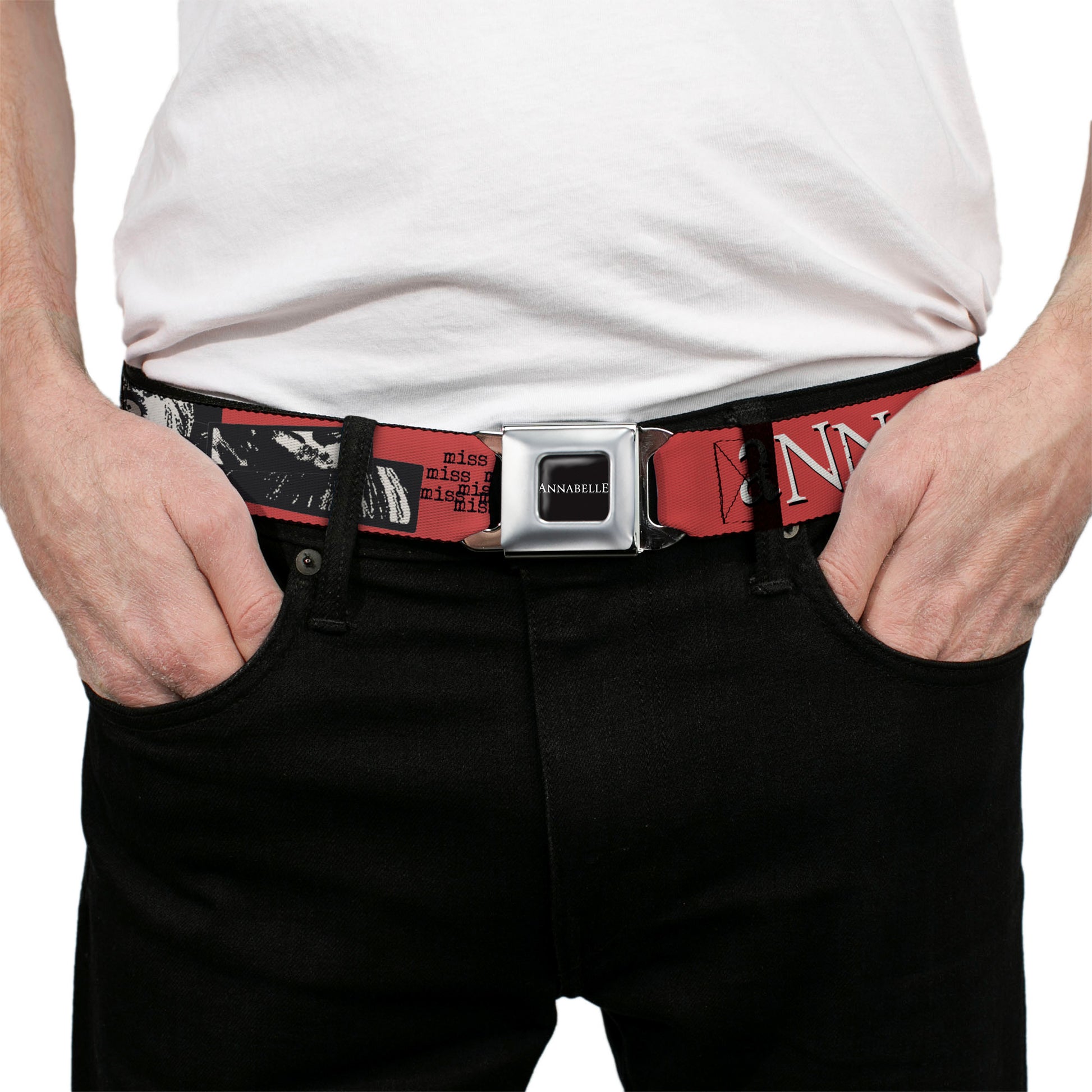 ANNABELLE Title Logo Full Color Black/White Seatbelt Belt - ANNABELLE MISS ME Eyes and Text Red/Black/White Webbing Seatbelt Belts Annabelle