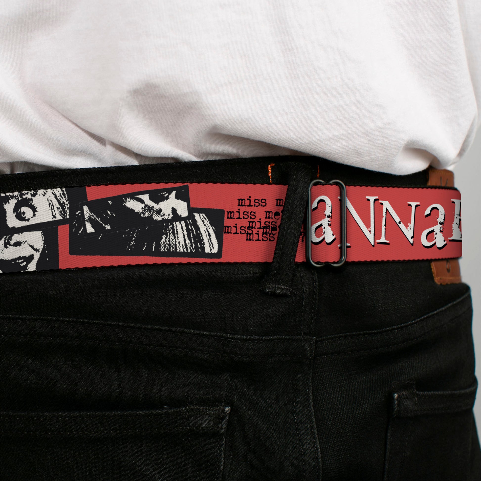 ANNABELLE Title Logo Full Color Black/White Seatbelt Belt - ANNABELLE MISS ME Eyes and Text Red/Black/White Webbing Seatbelt Belts Annabelle