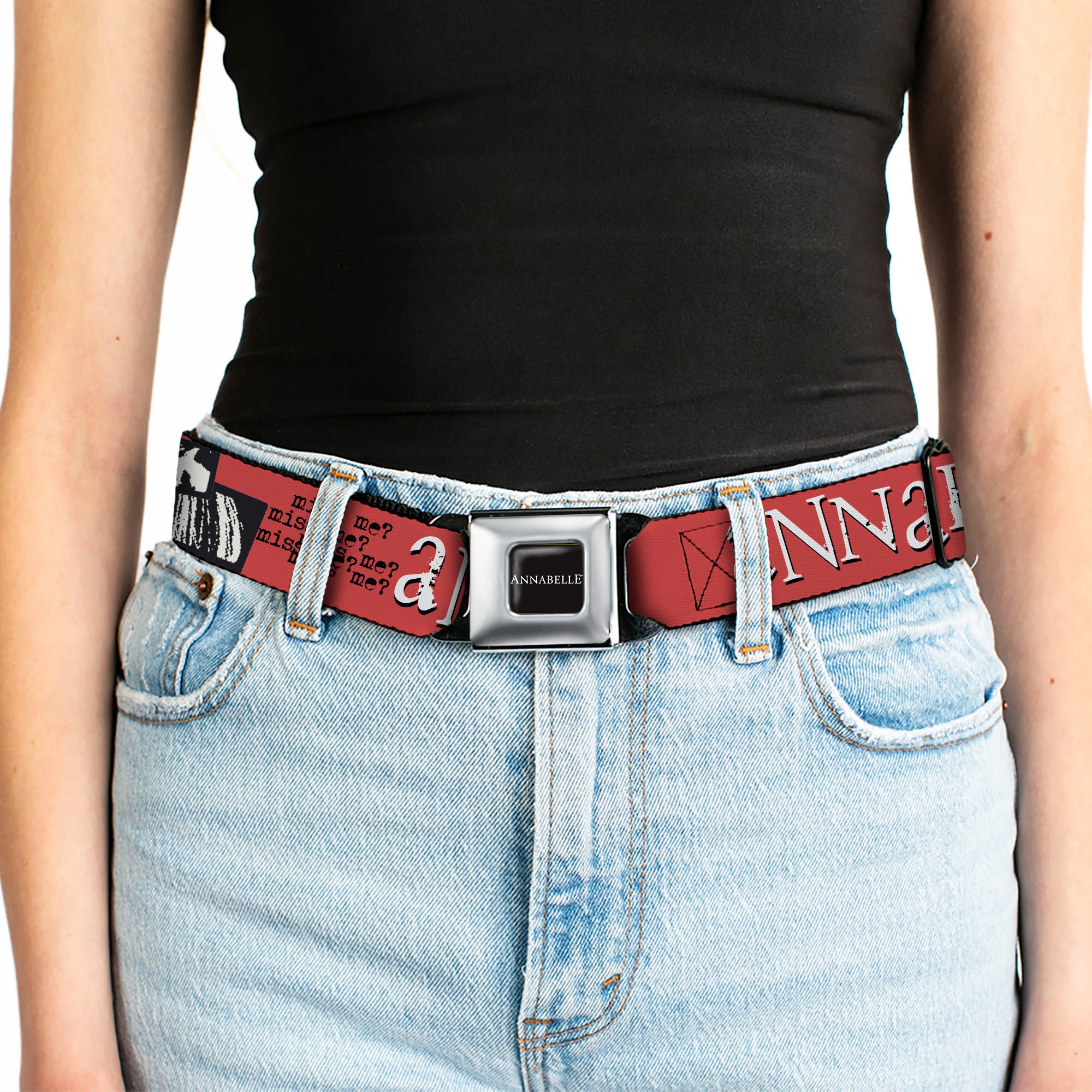 ANNABELLE Title Logo Full Color Black/White Seatbelt Belt - ANNABELLE MISS ME Eyes and Text Red/Black/White Webbing Seatbelt Belts Annabelle