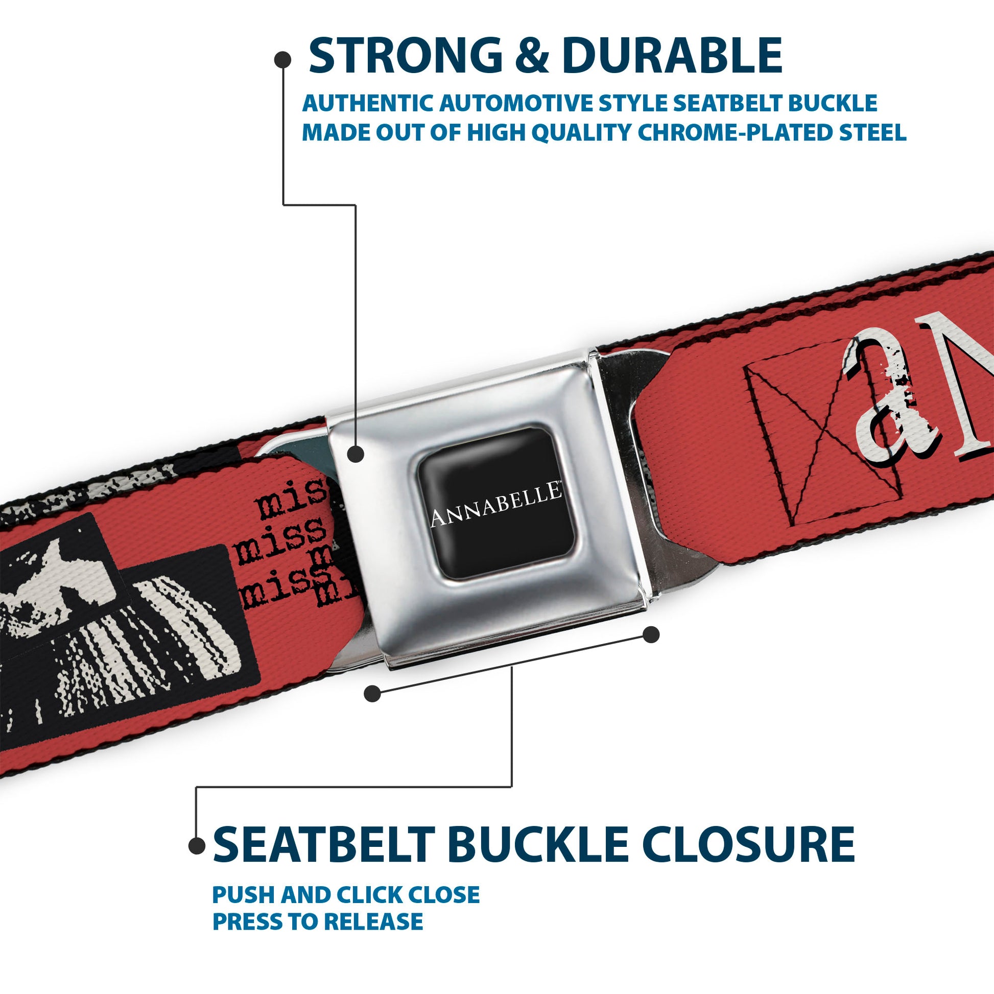 ANNABELLE Title Logo Full Color Black/White Seatbelt Belt - ANNABELLE MISS ME Eyes and Text Red/Black/White Webbing Seatbelt Belts Annabelle