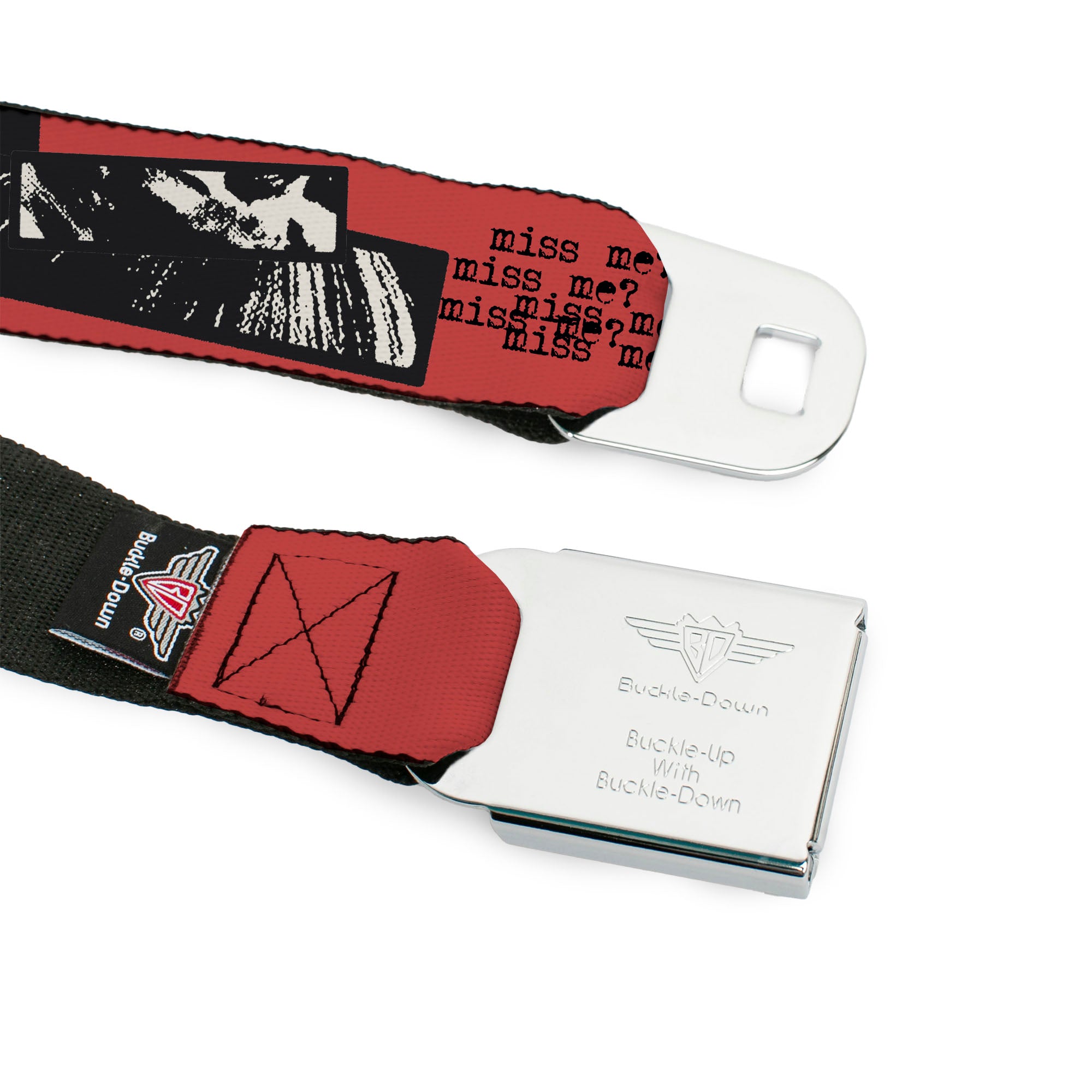 ANNABELLE Title Logo Full Color Black/White Seatbelt Belt - ANNABELLE MISS ME Eyes and Text Red/Black/White Webbing Seatbelt Belts Annabelle
