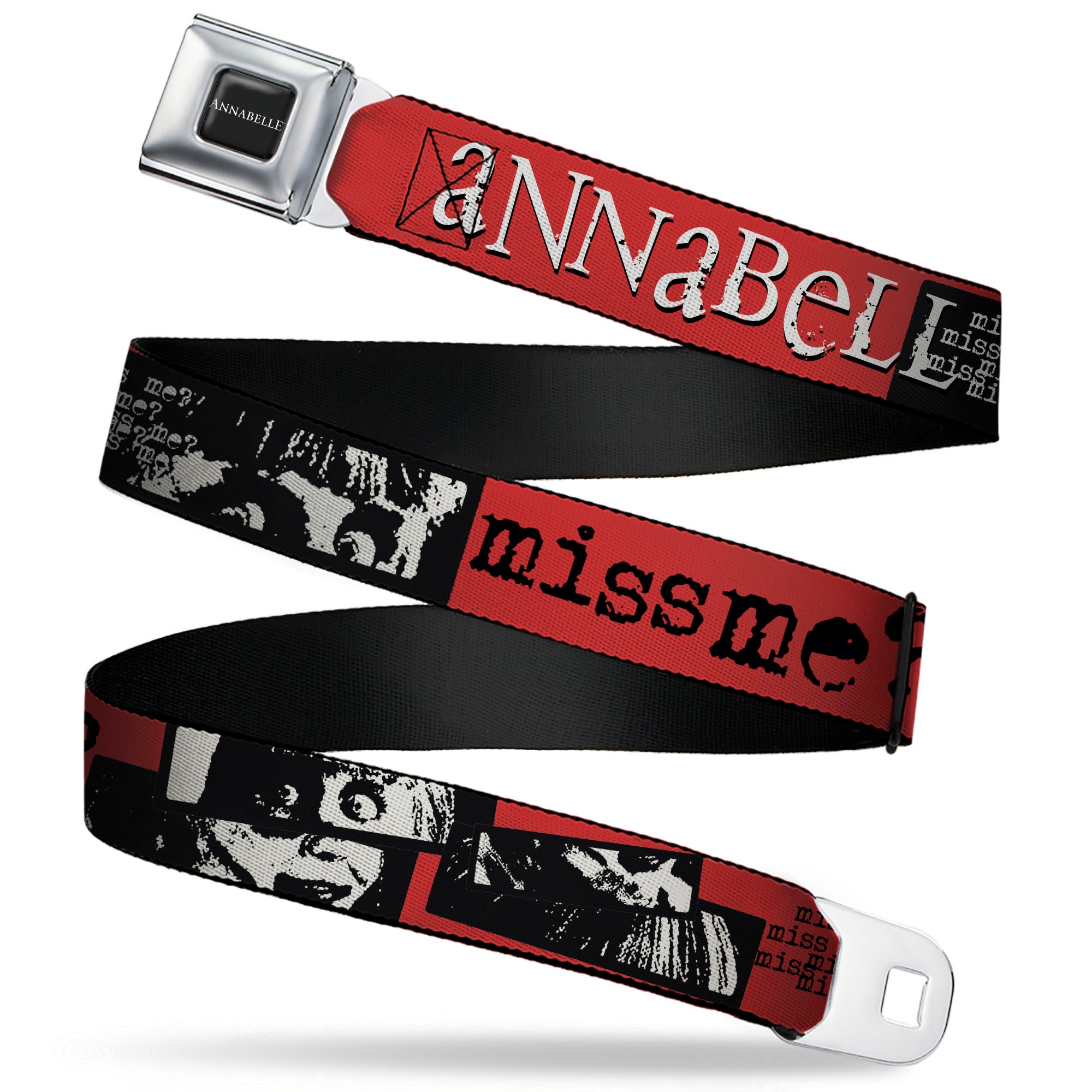 ANNABELLE Title Logo Full Color Black/White Seatbelt Belt - ANNABELLE MISS ME Eyes and Text Red/Black/White Webbing Seatbelt Belts Annabelle
