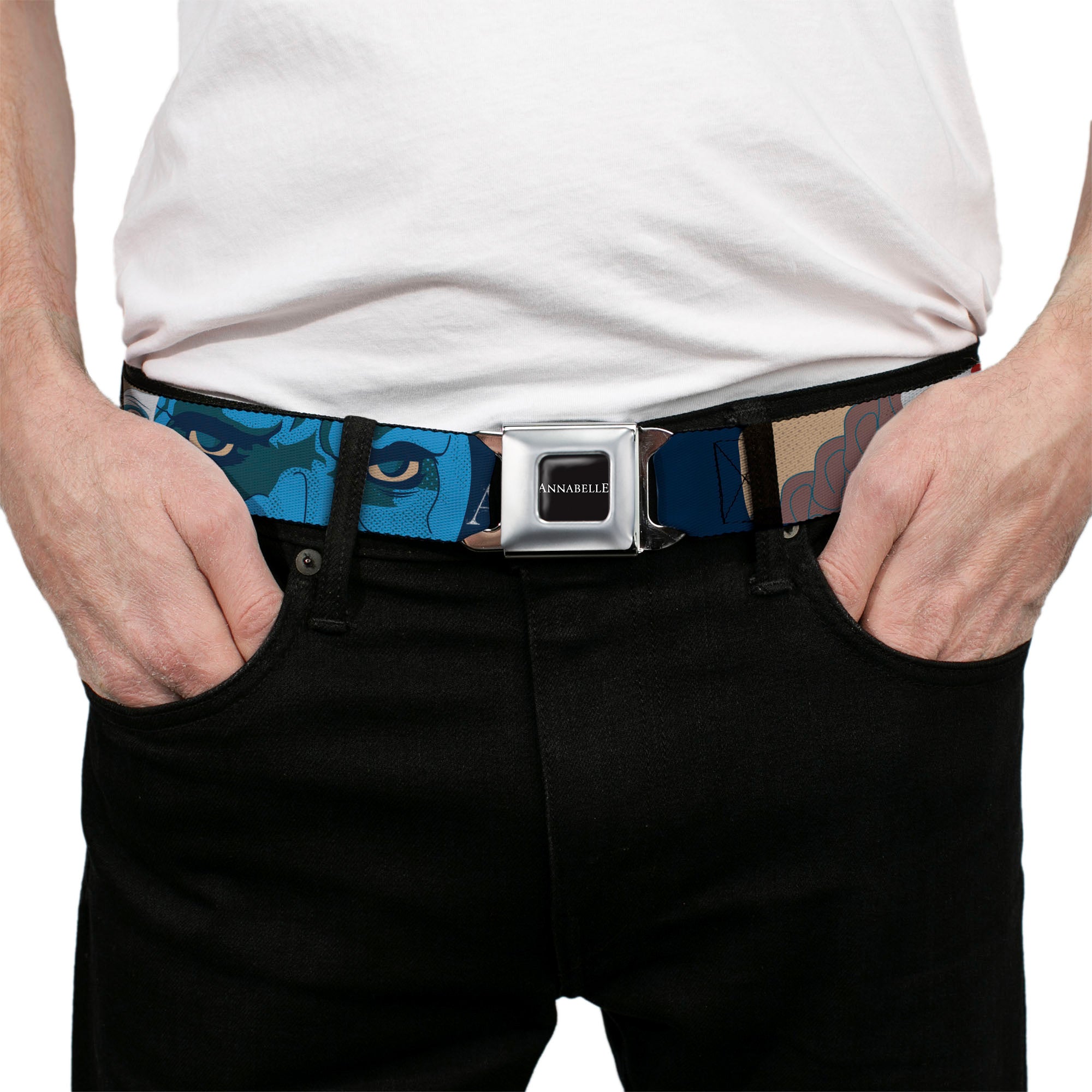 ANNABELLE Title Logo Full Color Black/White Seatbelt Belt - ANNABELLE Pop Art Scenes and Title Logo Multi Color Webbing Seatbelt Belts Annabelle