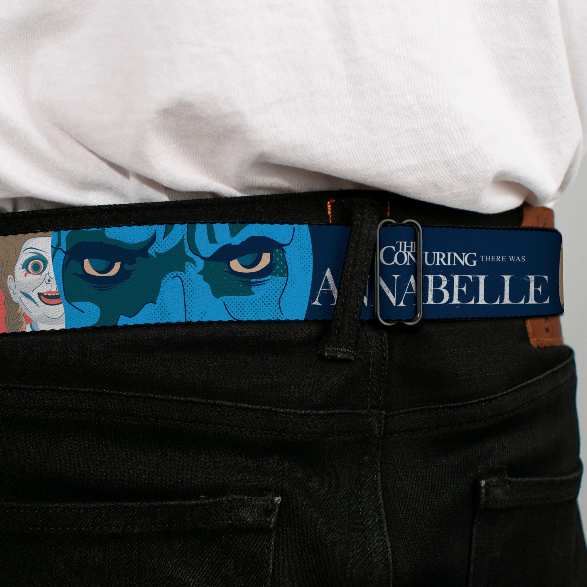 ANNABELLE Title Logo Full Color Black/White Seatbelt Belt - ANNABELLE Pop Art Scenes and Title Logo Multi Color Webbing Seatbelt Belts Annabelle