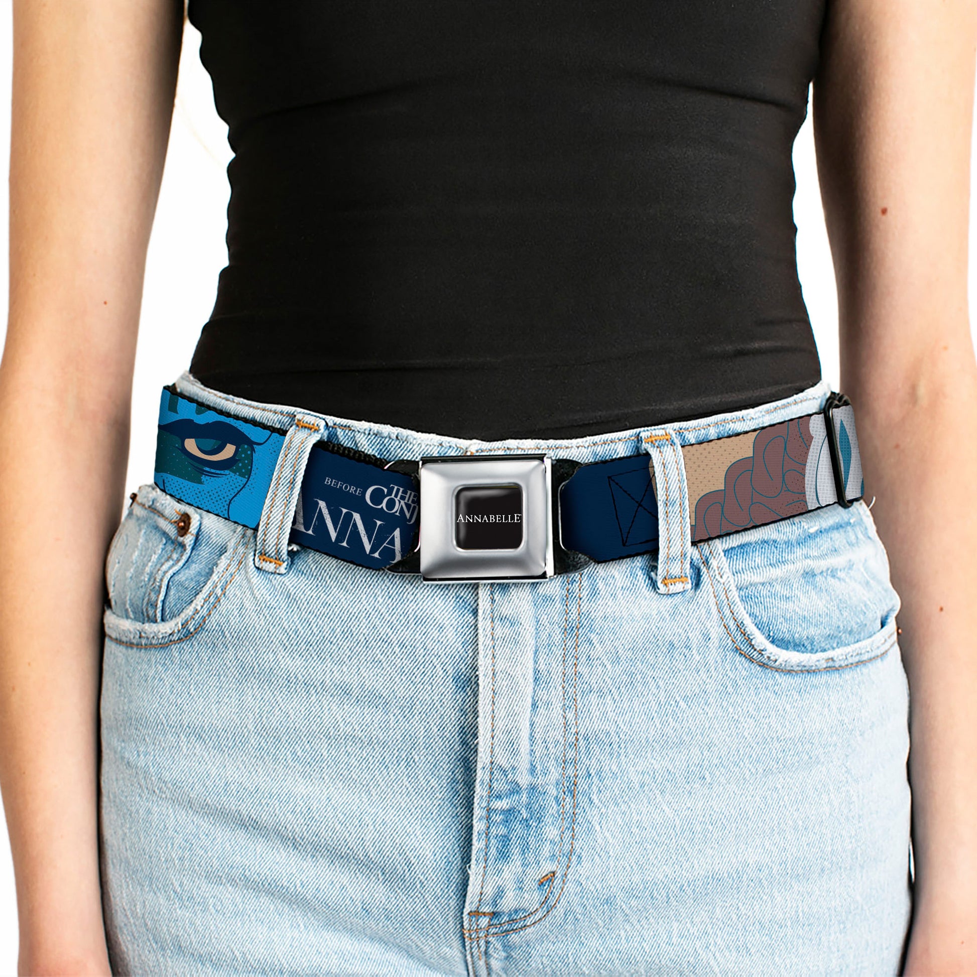 ANNABELLE Title Logo Full Color Black/White Seatbelt Belt - ANNABELLE Pop Art Scenes and Title Logo Multi Color Webbing Seatbelt Belts Annabelle