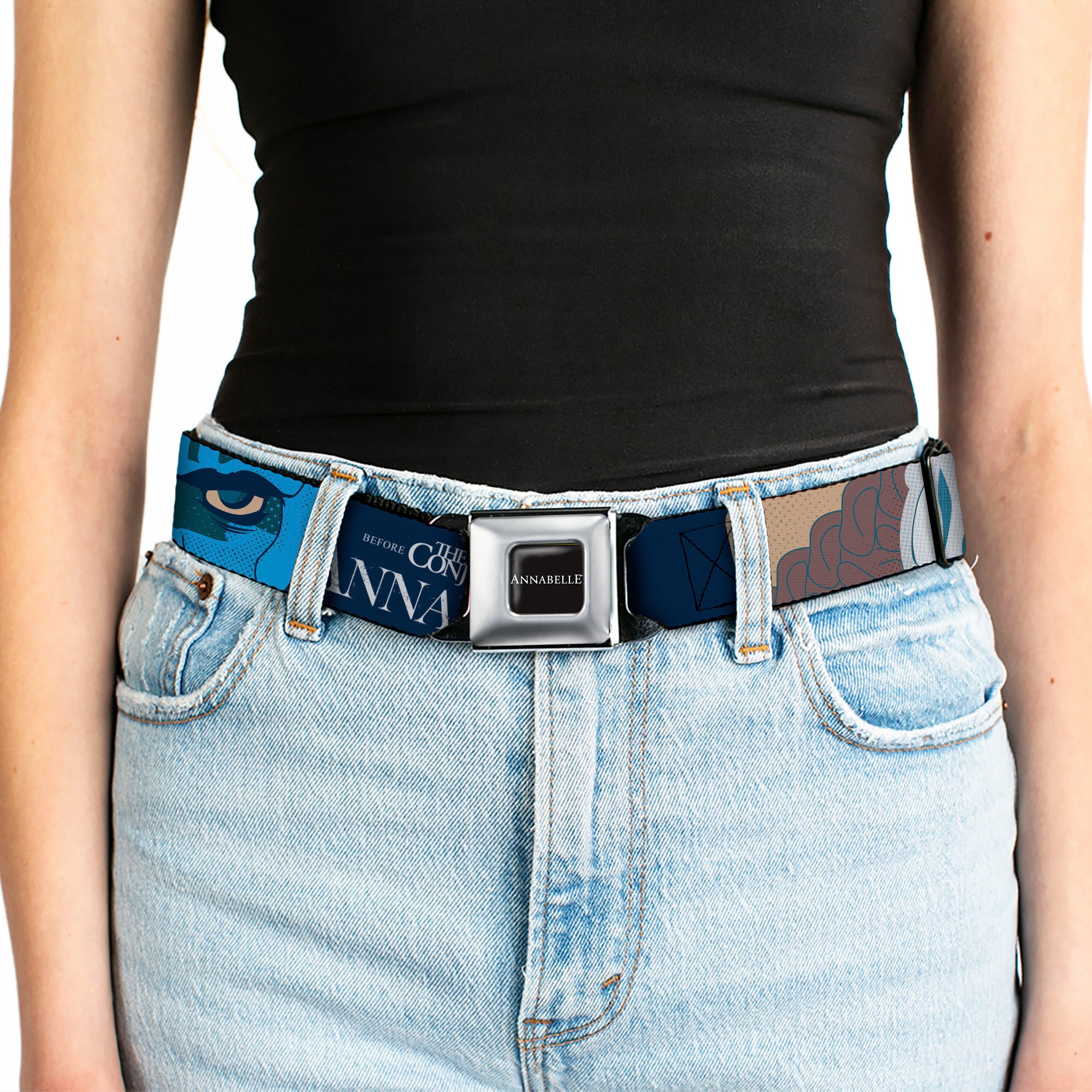 ANNABELLE Title Logo Full Color Black/White Seatbelt Belt - ANNABELLE Pop Art Scenes and Title Logo Multi Color Webbing Seatbelt Belts Annabelle