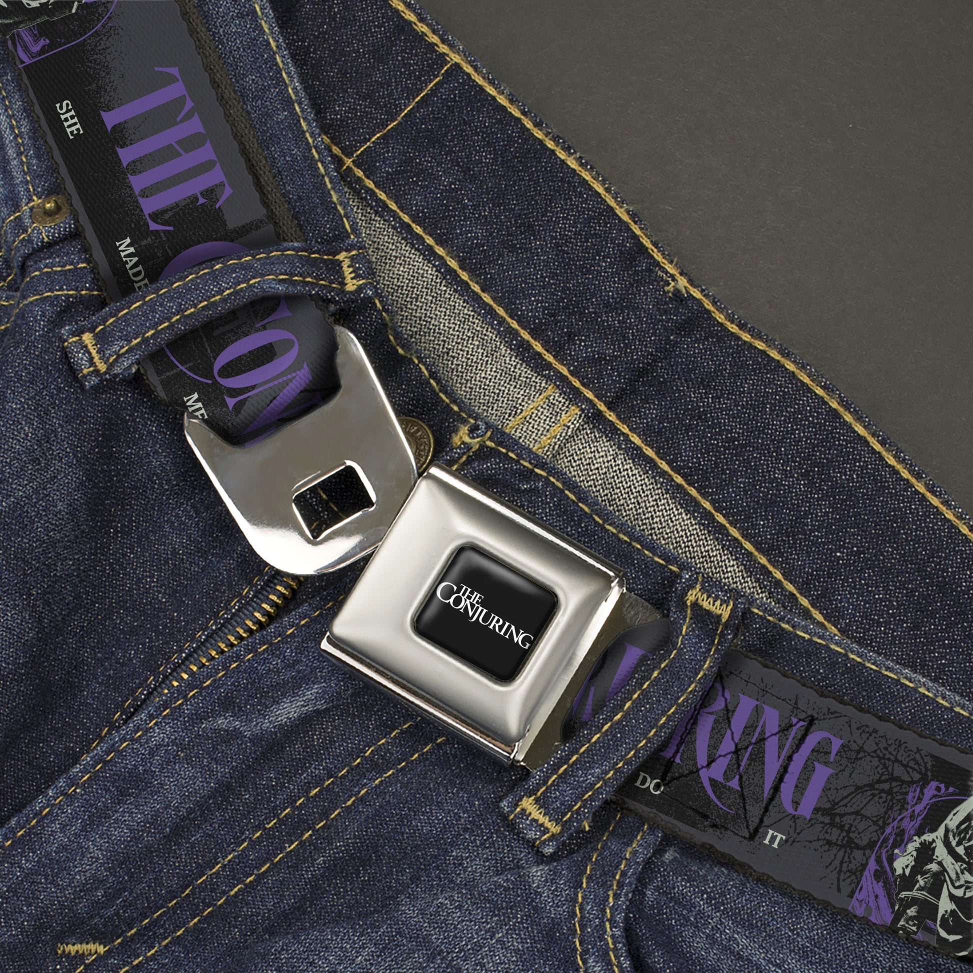THE CONJURING Title Logo Full Color Black/White Seatbelt Belt - THE CONJURING SHE MADE ME DO IT Black/Gray/Purple Webbing Seatbelt Belts The Conjuring