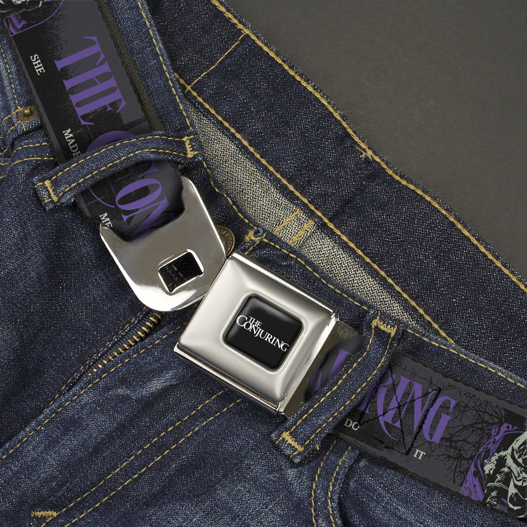 THE CONJURING Title Logo Full Color Black/White Seatbelt Belt - THE CONJURING SHE MADE ME DO IT Black/Gray/Purple Webbing Seatbelt Belts The Conjuring