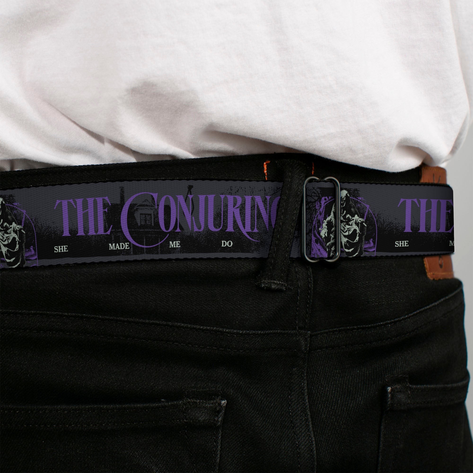 THE CONJURING Title Logo Full Color Black/White Seatbelt Belt - THE CONJURING SHE MADE ME DO IT Black/Gray/Purple Webbing Seatbelt Belts The Conjuring