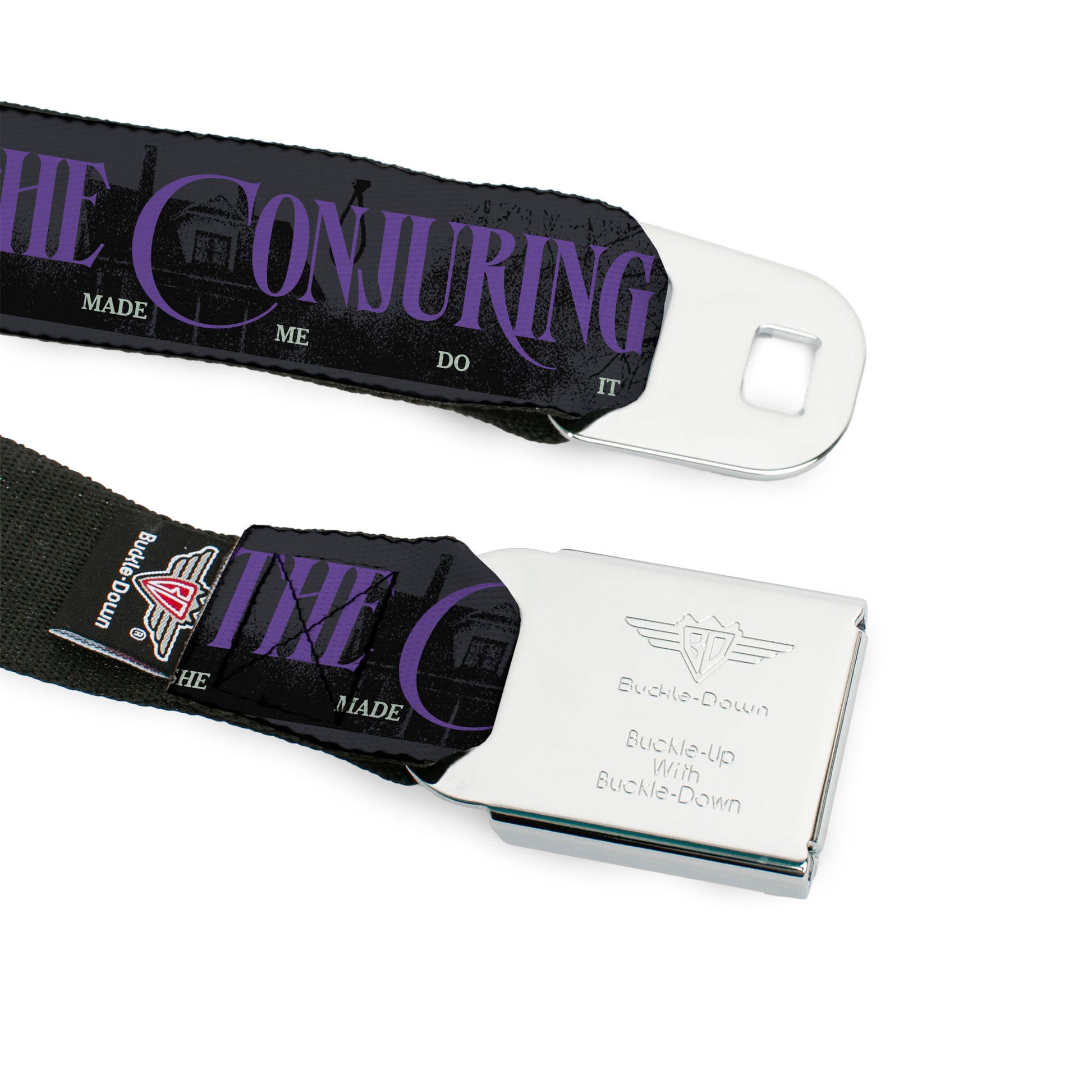 THE CONJURING Title Logo Full Color Black/White Seatbelt Belt - THE CONJURING SHE MADE ME DO IT Black/Gray/Purple Webbing Seatbelt Belts The Conjuring
