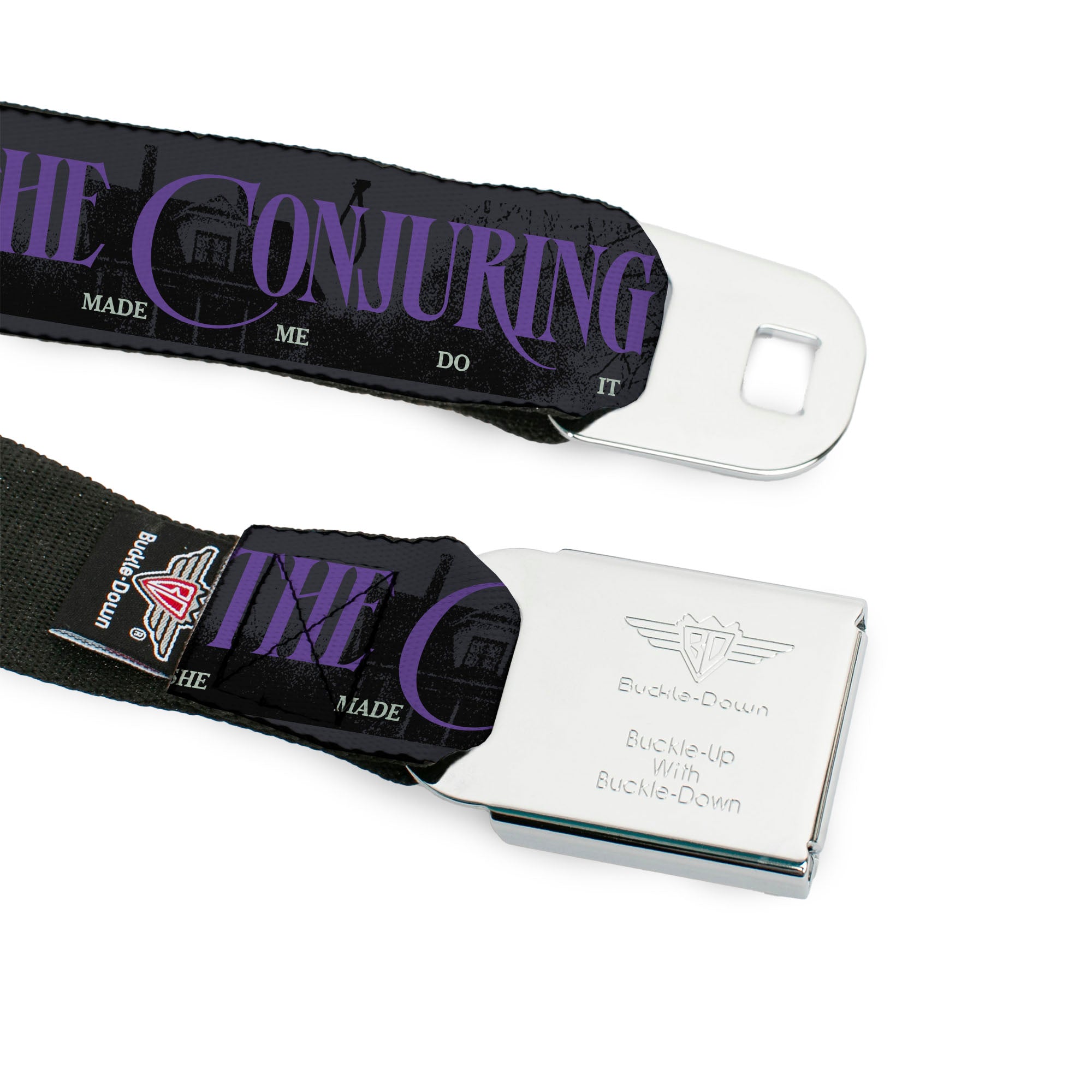 THE CONJURING Title Logo Full Color Black/White Seatbelt Belt - THE CONJURING SHE MADE ME DO IT Black/Gray/Purple Webbing Seatbelt Belts The Conjuring