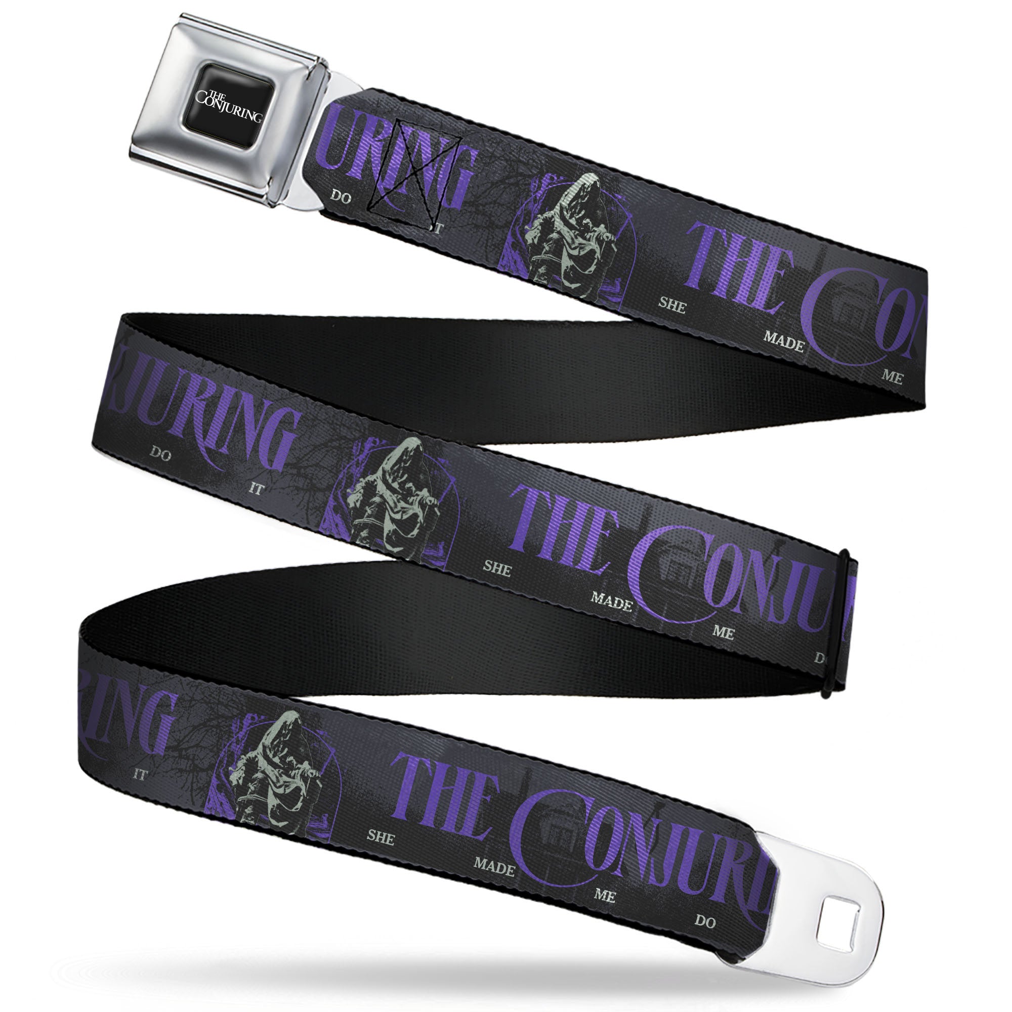 THE CONJURING Title Logo Full Color Black/White Seatbelt Belt - THE CONJURING SHE MADE ME DO IT Black/Gray/Purple Webbing Seatbelt Belts The Conjuring