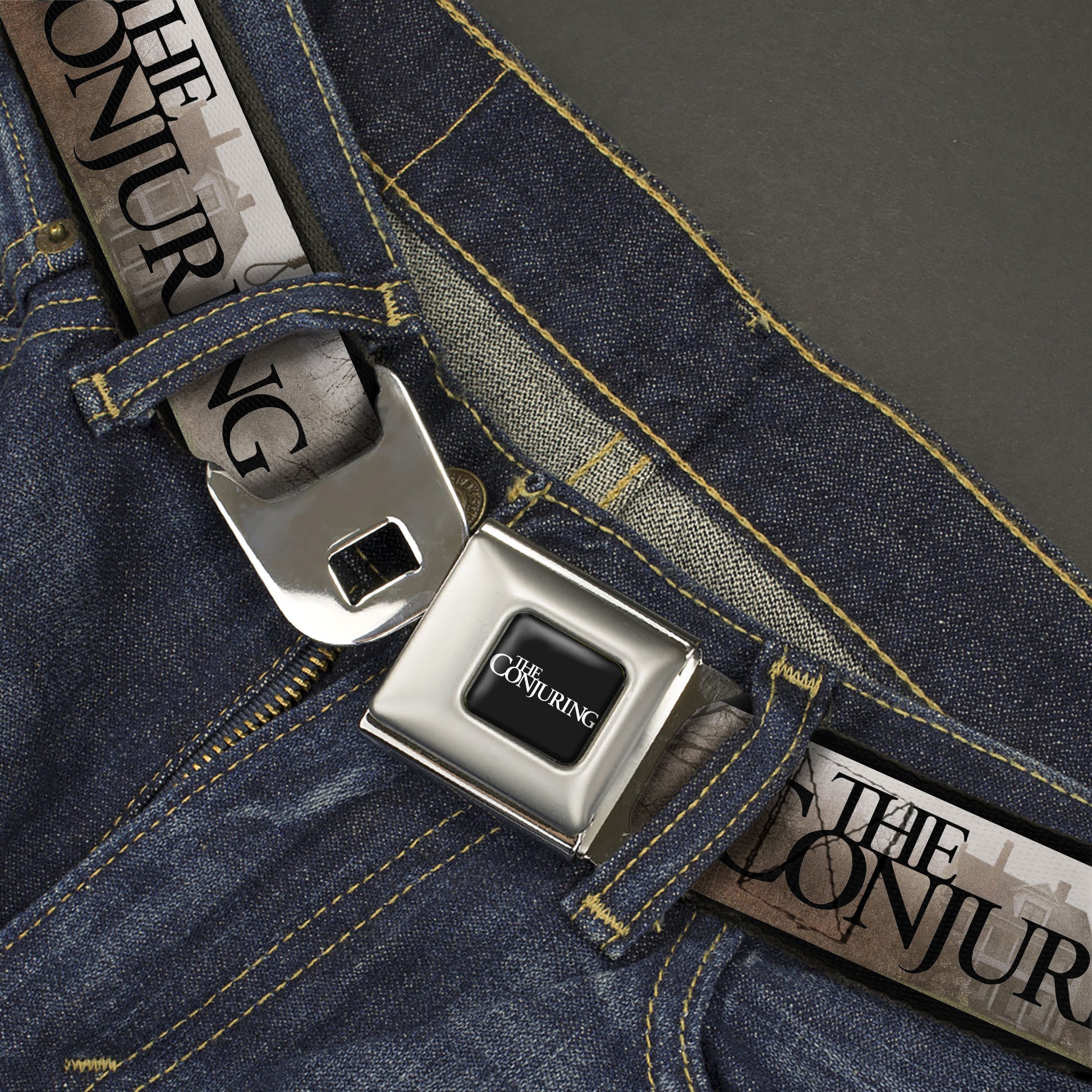 THE CONJURING Title Logo Full Color Black/White Seatbelt Belt - THE CONJURING House Scene and Title Logo Grays/Black Webbing Seatbelt Belts The Conjuring