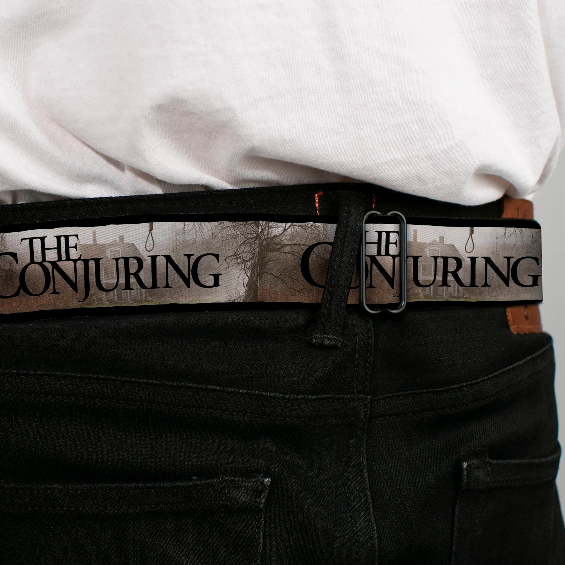 THE CONJURING Title Logo Full Color Black/White Seatbelt Belt - THE CONJURING House Scene and Title Logo Grays/Black Webbing Seatbelt Belts The Conjuring