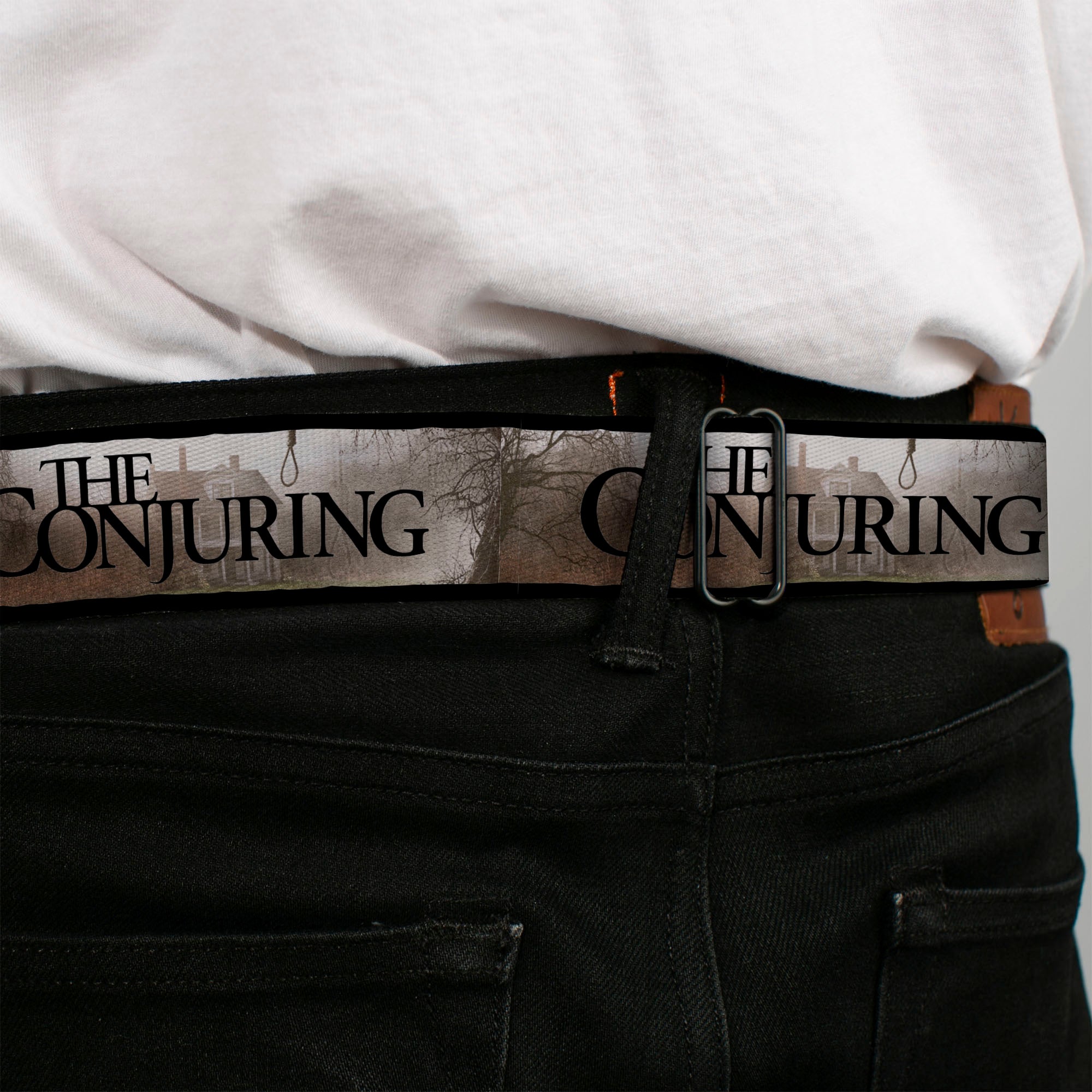 THE CONJURING Title Logo Full Color Black/White Seatbelt Belt - THE CONJURING House Scene and Title Logo Grays/Black Webbing Seatbelt Belts The Conjuring