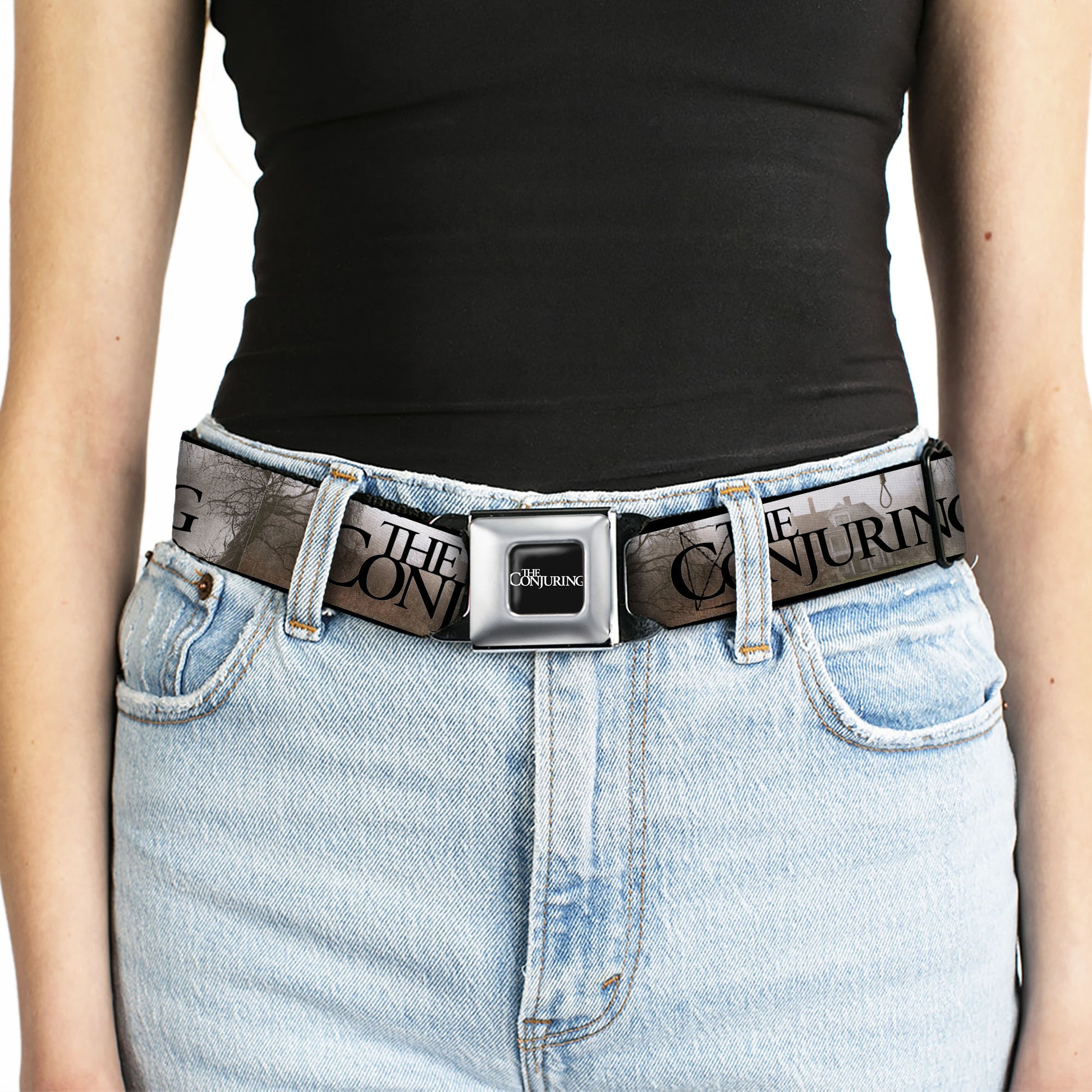 THE CONJURING Title Logo Full Color Black/White Seatbelt Belt - THE CONJURING House Scene and Title Logo Grays/Black Webbing Seatbelt Belts The Conjuring