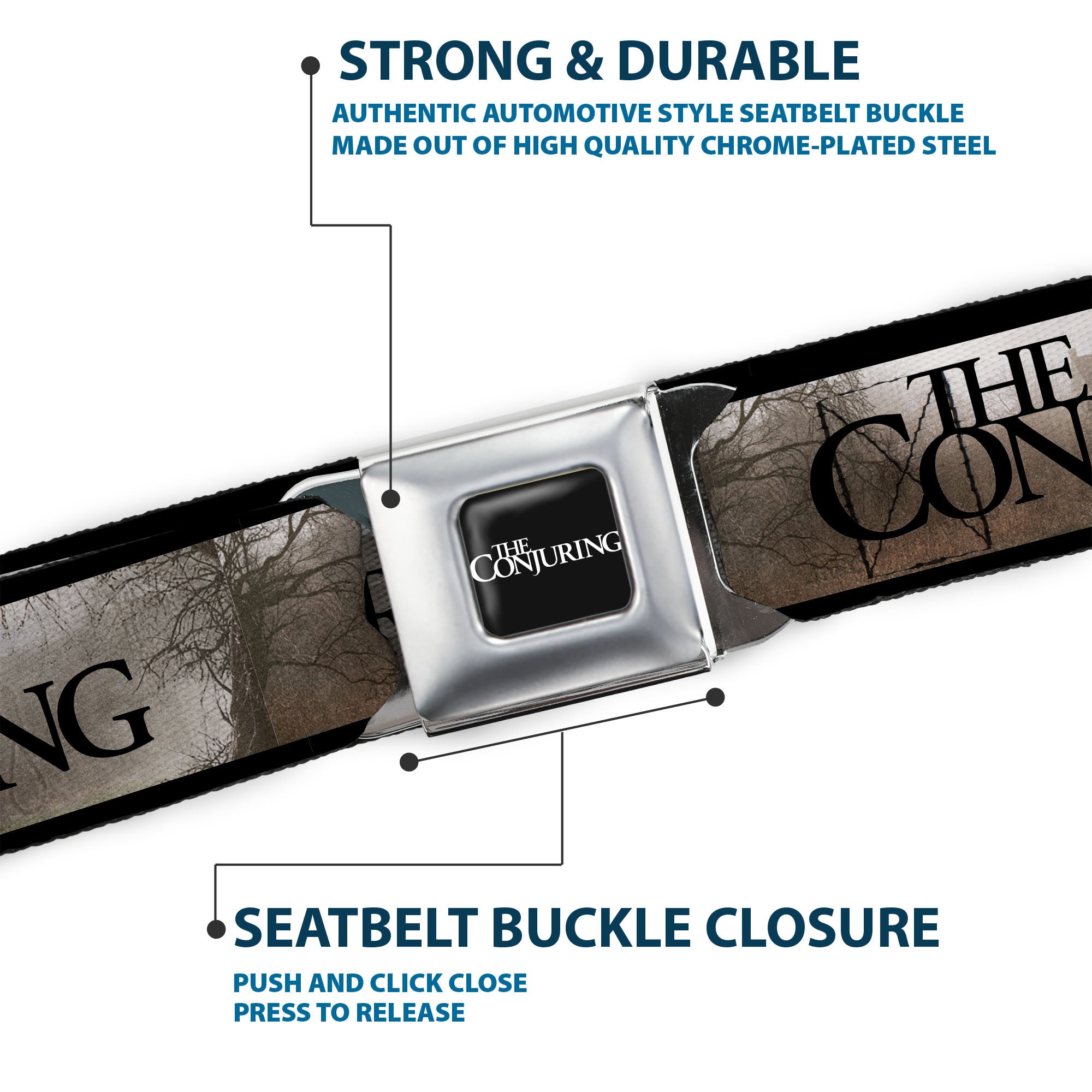 THE CONJURING Title Logo Full Color Black/White Seatbelt Belt - THE CONJURING House Scene and Title Logo Grays/Black Webbing Seatbelt Belts The Conjuring