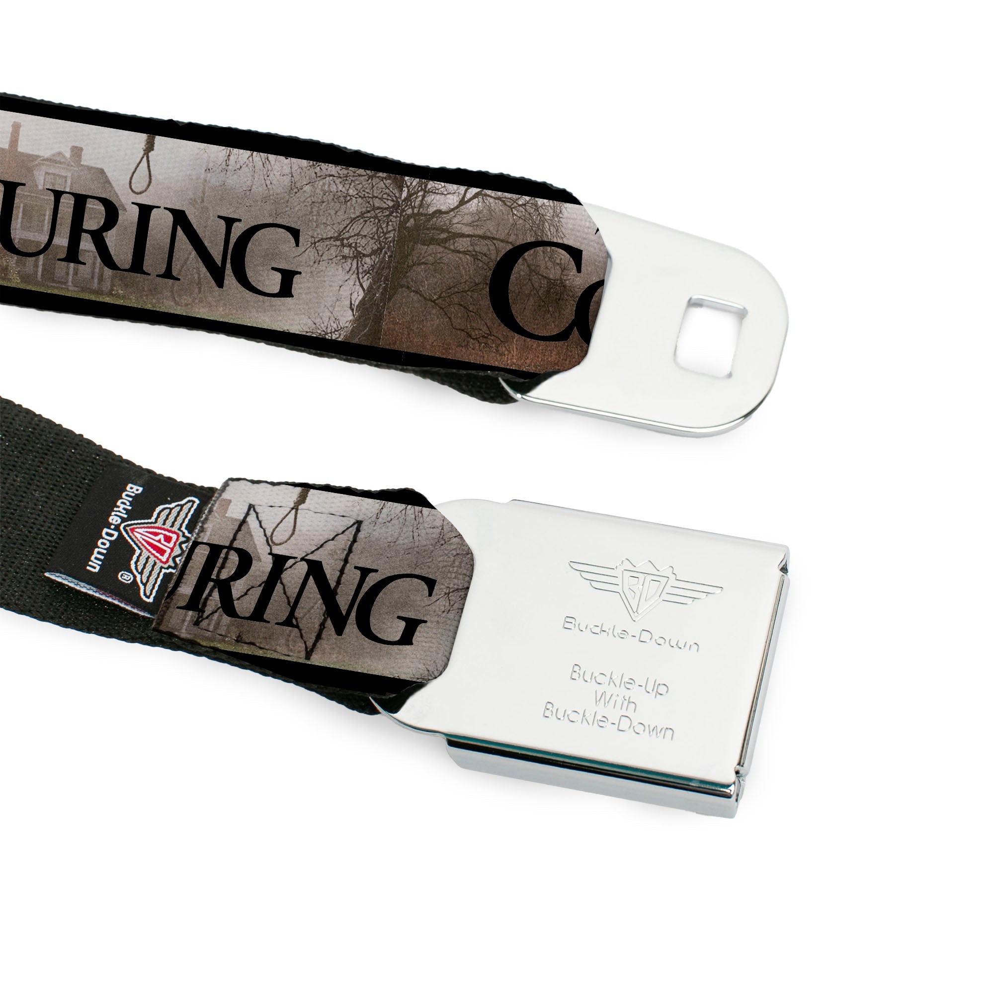 THE CONJURING Title Logo Full Color Black/White Seatbelt Belt - THE CONJURING House Scene and Title Logo Grays/Black Webbing Seatbelt Belts The Conjuring
